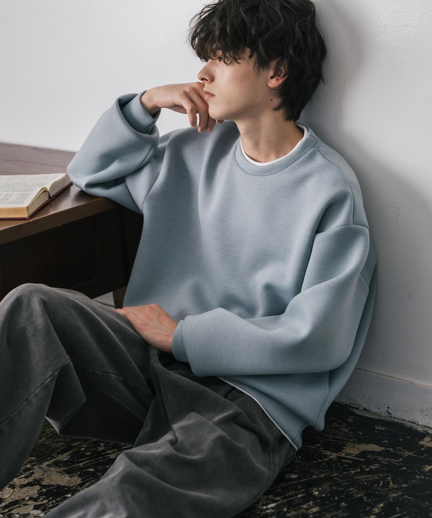 ロッキーモンロー Rocky Monroe ダンボールニット トレーナー プルオーバー 無地 メンズ レディース フェイクレイヤード クルーネック ペールトーン オーバーサイズ ルーズ 14657 （ホワイト） ホワイト