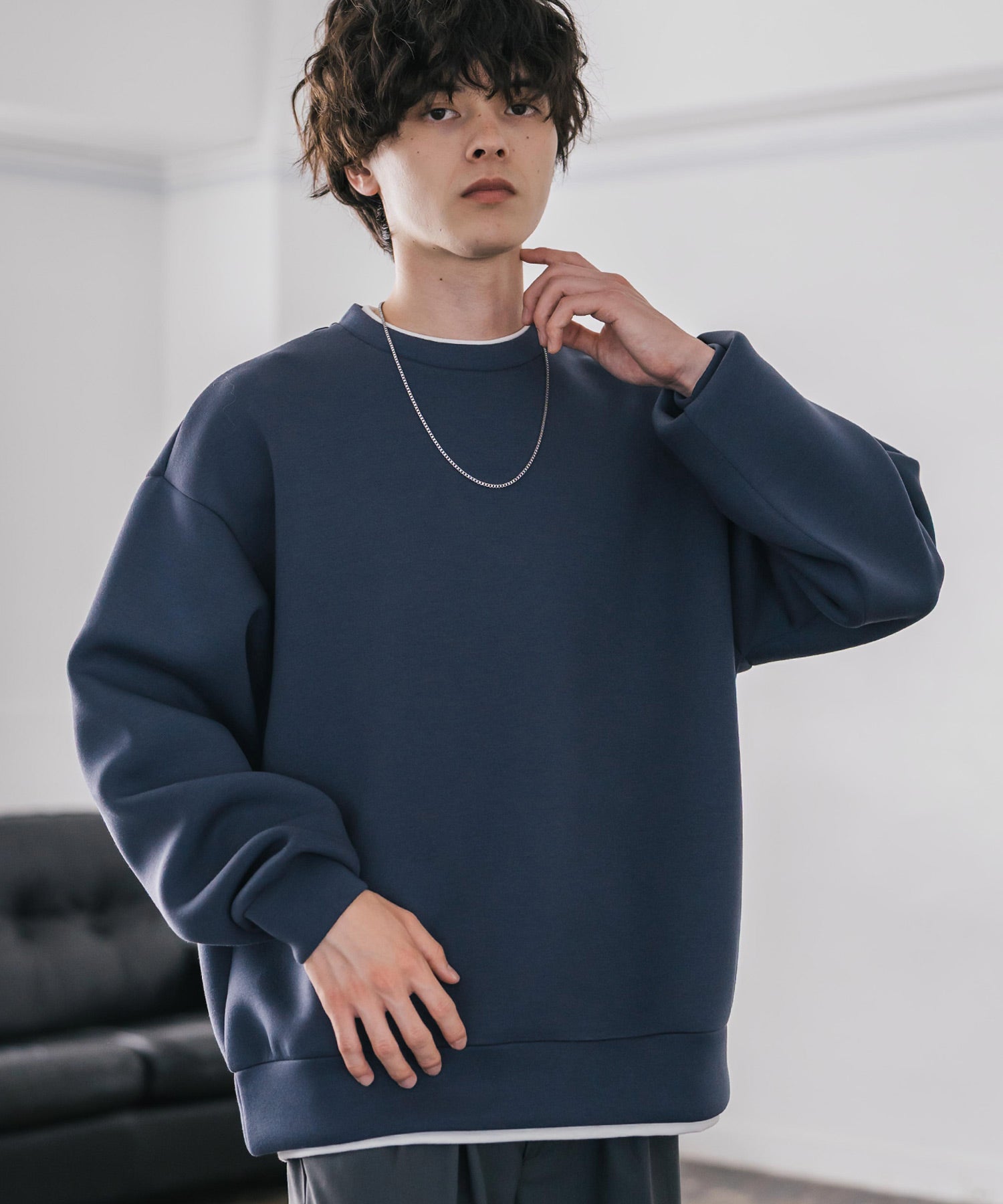 ロッキーモンロー Rocky Monroe ダンボールニット トレーナー プルオーバー 無地 メンズ レディース フェイクレイヤード クルーネック ペールトーン オーバーサイズ ルーズ 14657 （ネイビー） ネイビー