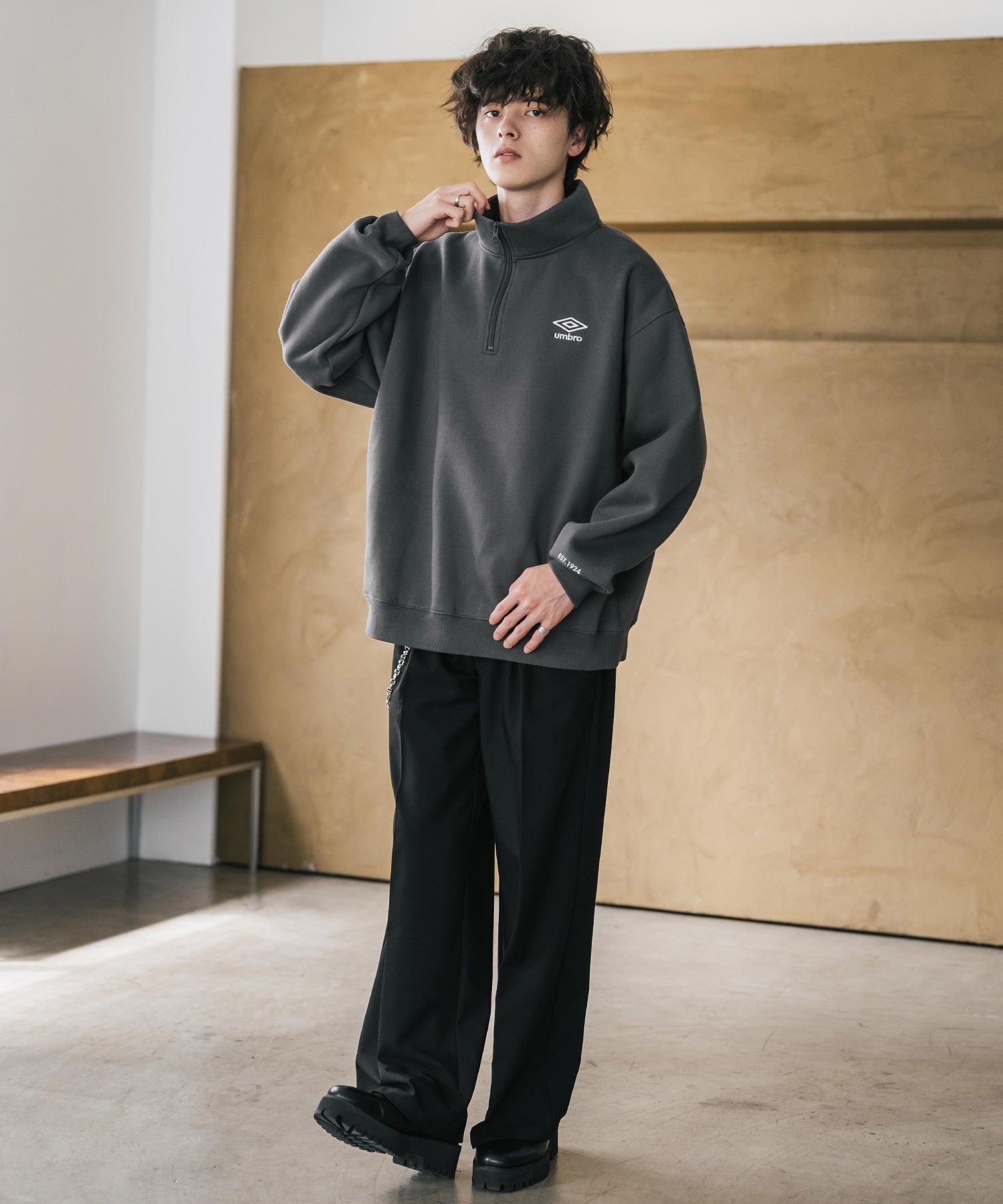 ロッキーモンロー Rocky Monroe UMBRO アンブロ スウェット 裏起毛 長袖 メンズ レディース トレーナー ハーフジップ プルオーバー オーバーサイズ ロゴ刺繍 別注コラボ 14942 （杢グレー） 杢グレー