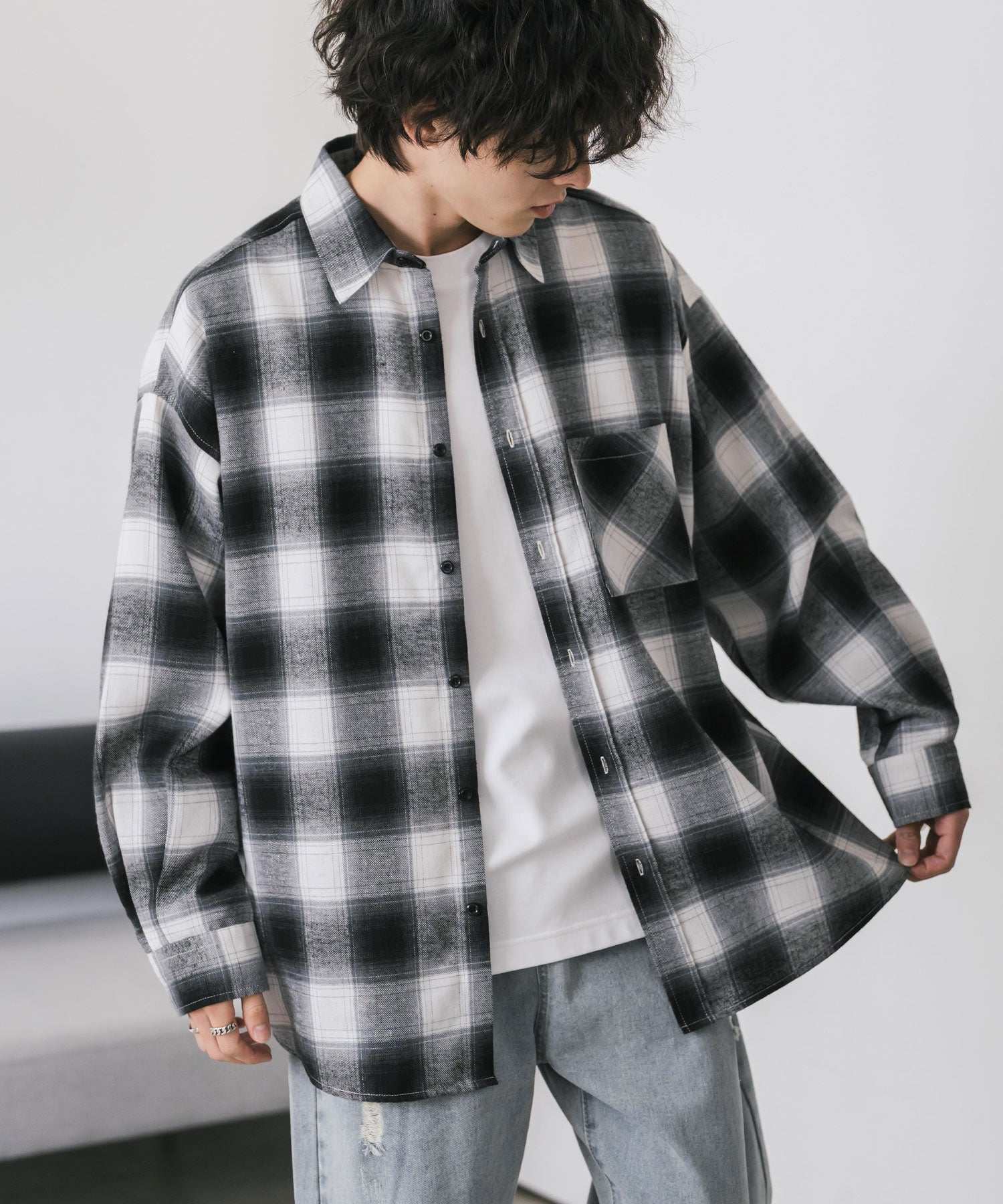 ロッキーモンロー Rocky Monroe チェックシャツ ネルシャツ 長袖 メンズ レディース レギュラーカラー 無地 オンブレ オーバーサイズ  ヴィンテージ アメカジ レトロ 新色追加 14534 （アイボリー） アイボリー