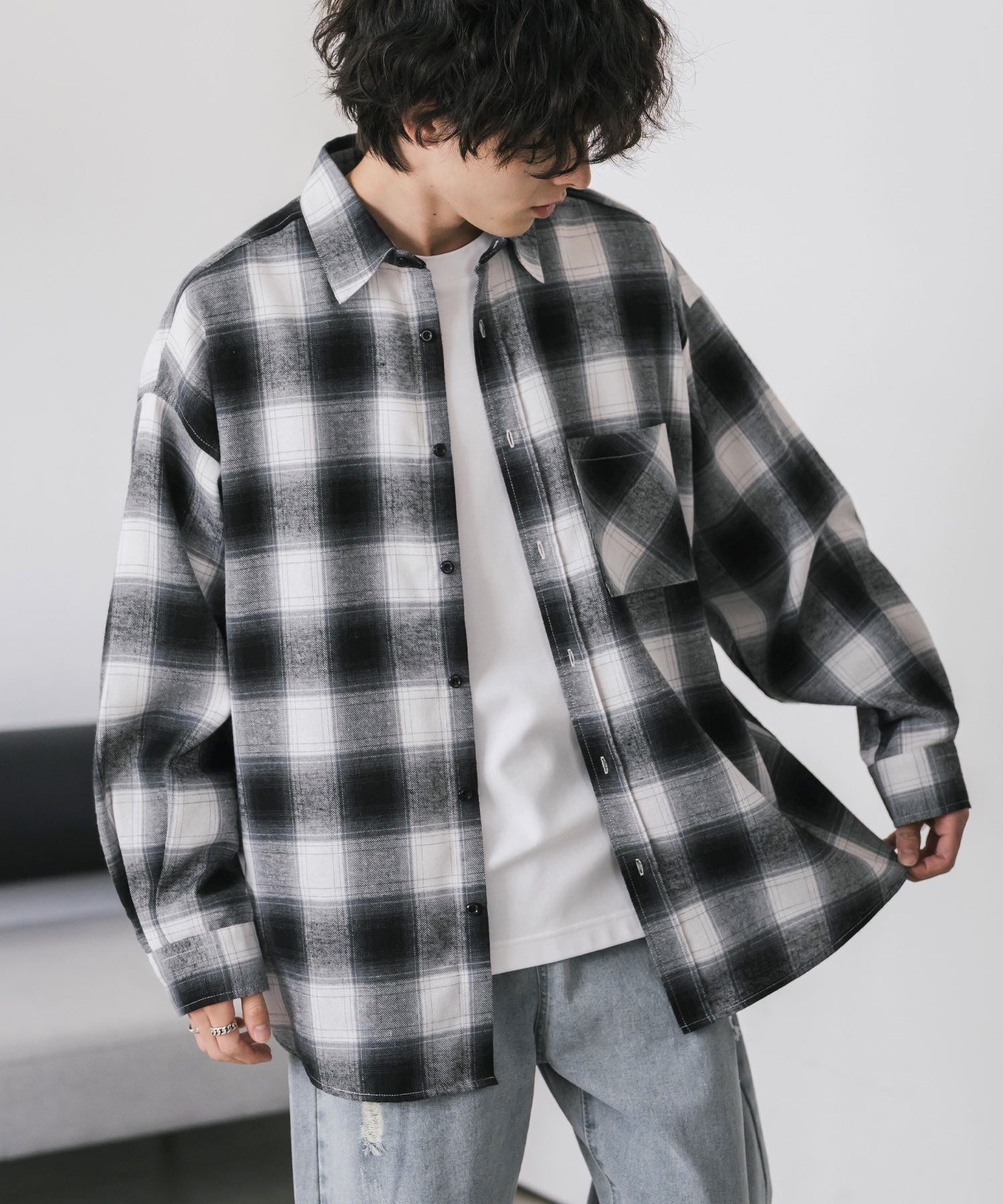 ロッキーモンロー Rocky Monroe チェックシャツ ネルシャツ 長袖 メンズ レディース レギュラーカラー 無地 オンブレ オーバーサイズ  ヴィンテージ アメカジ レトロ 新色追加 14534 （アイボリー） アイボリー