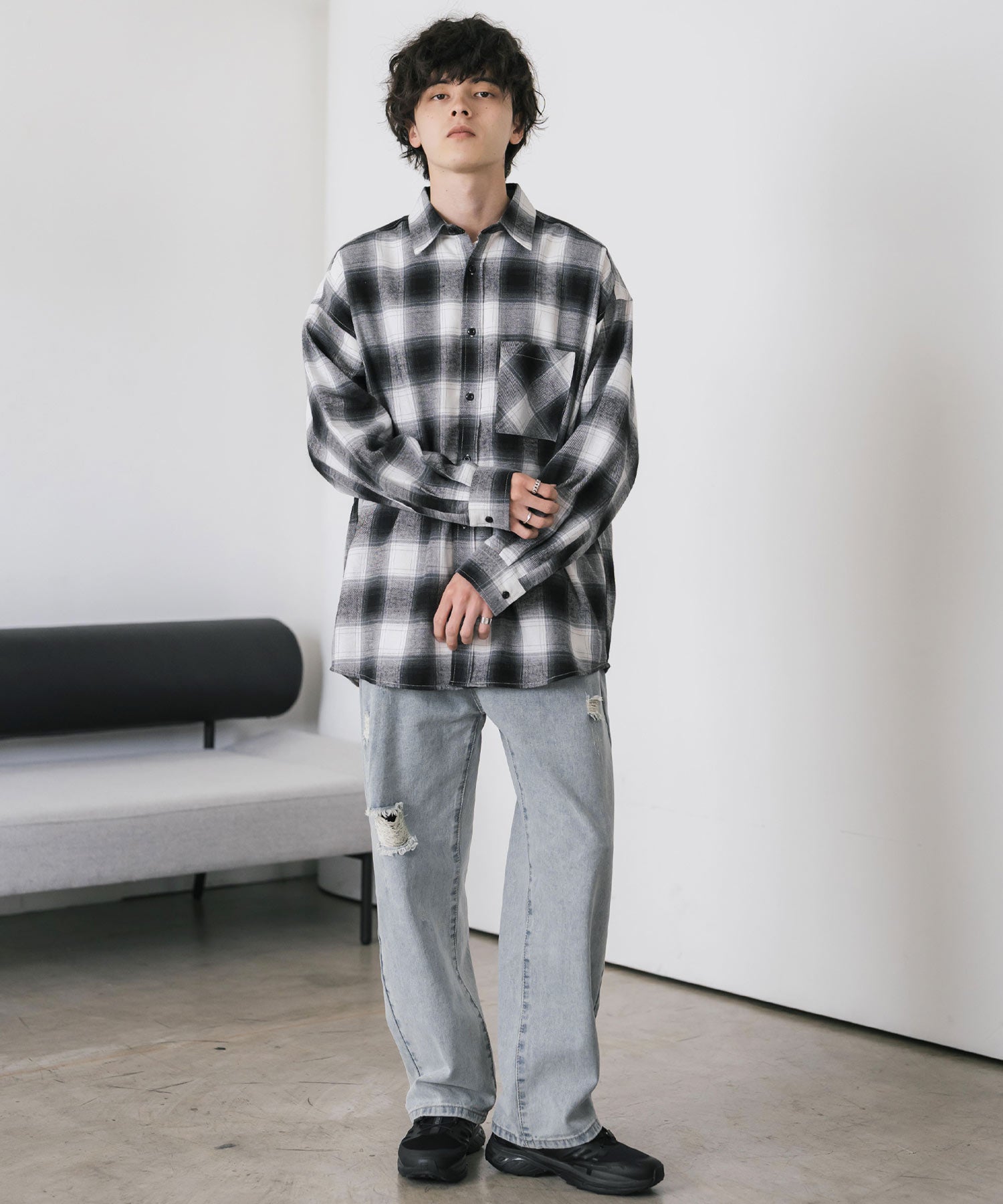 ロッキーモンロー Rocky Monroe チェックシャツ ネルシャツ 長袖 メンズ レディース レギュラーカラー 無地 オンブレ オーバーサイズ  ヴィンテージ アメカジ レトロ 新色追加 14534 （アイボリー） アイボリー