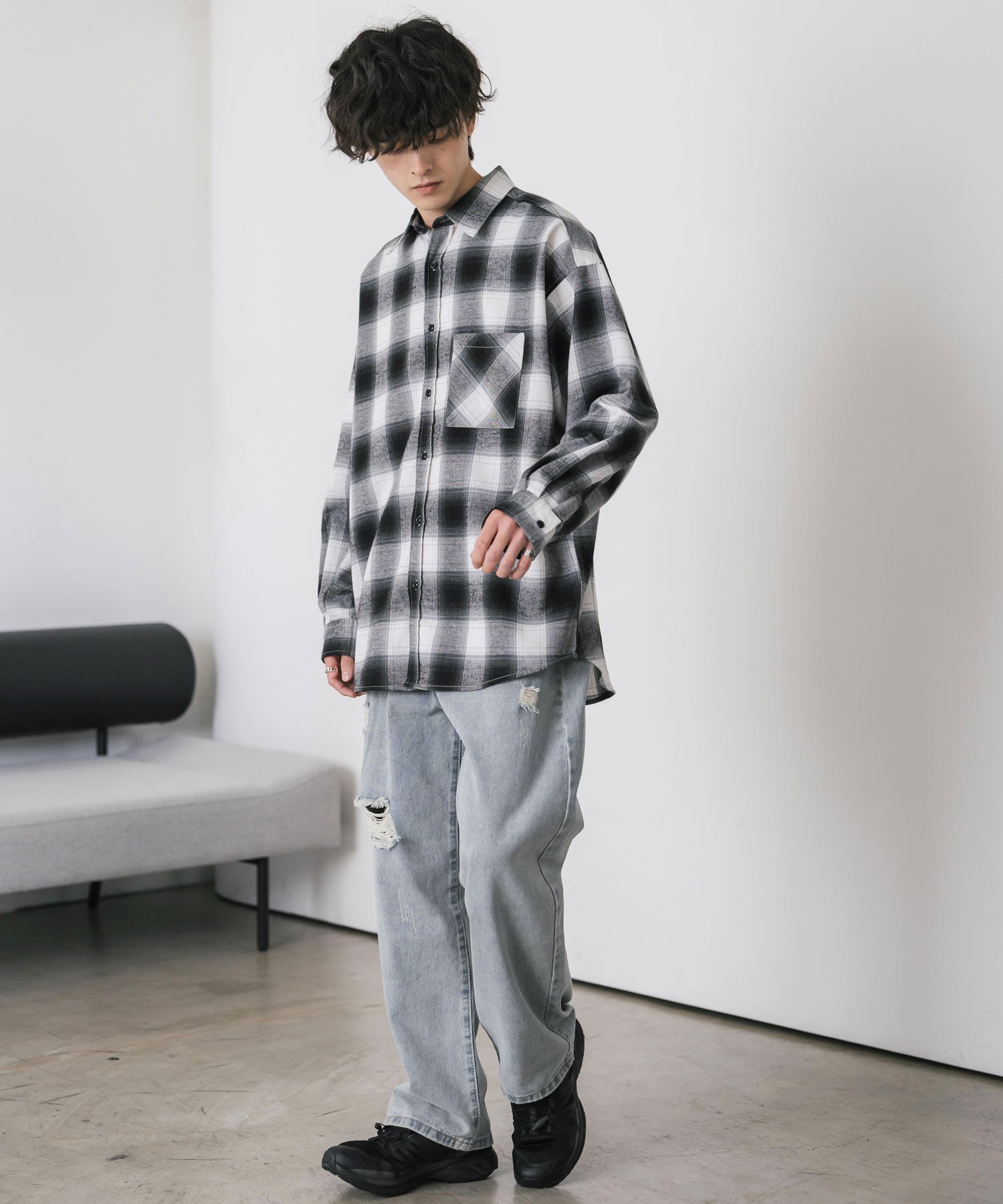 ロッキーモンロー Rocky Monroe チェックシャツ ネルシャツ 長袖 メンズ レディース レギュラーカラー 無地 オンブレ オーバーサイズ  ヴィンテージ アメカジ レトロ 新色追加 14534 （アイボリー） アイボリー