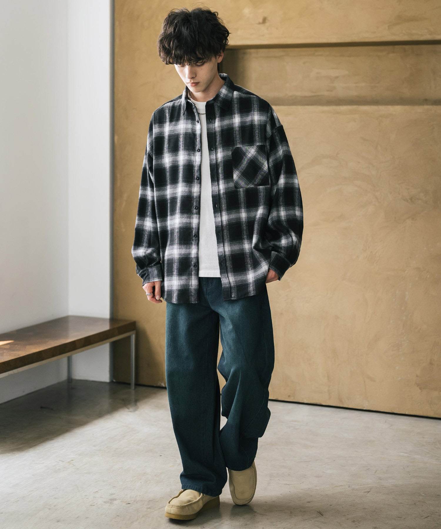 ロッキーモンロー Rocky Monroe チェックシャツ ネルシャツ 長袖 メンズ レディース レギュラーカラー 無地 オンブレ オーバーサイズ  ヴィンテージ アメカジ レトロ 新色追加 14534 （アイボリー） アイボリー