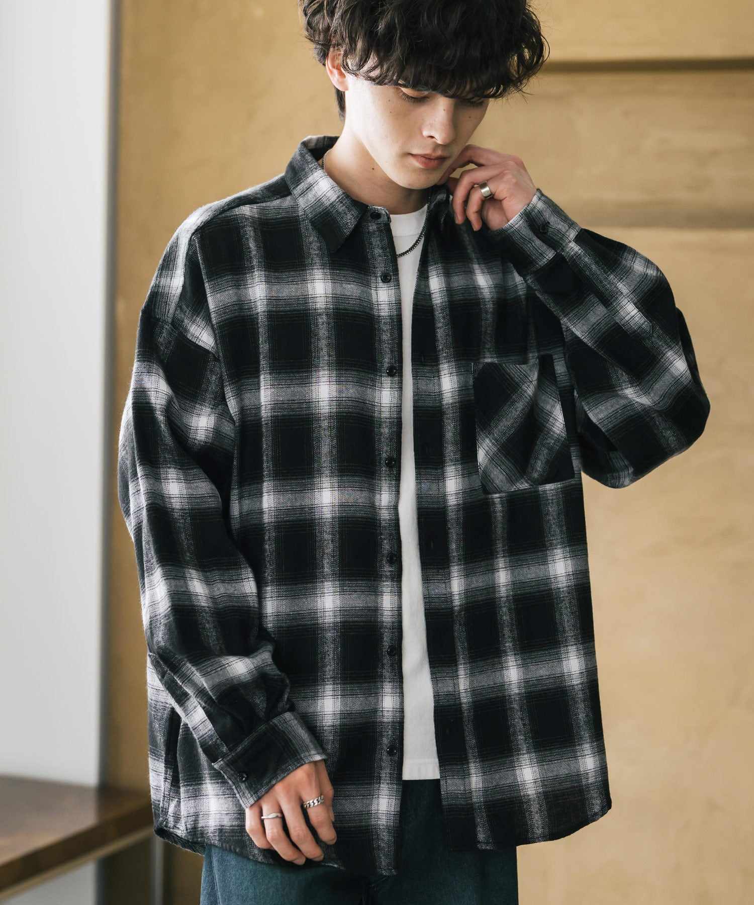 ロッキーモンロー Rocky Monroe チェックシャツ ネルシャツ 長袖 メンズ レディース レギュラーカラー 無地 オンブレ オーバーサイズ  ヴィンテージ アメカジ レトロ 新色追加 14534 （アイボリー） アイボリー