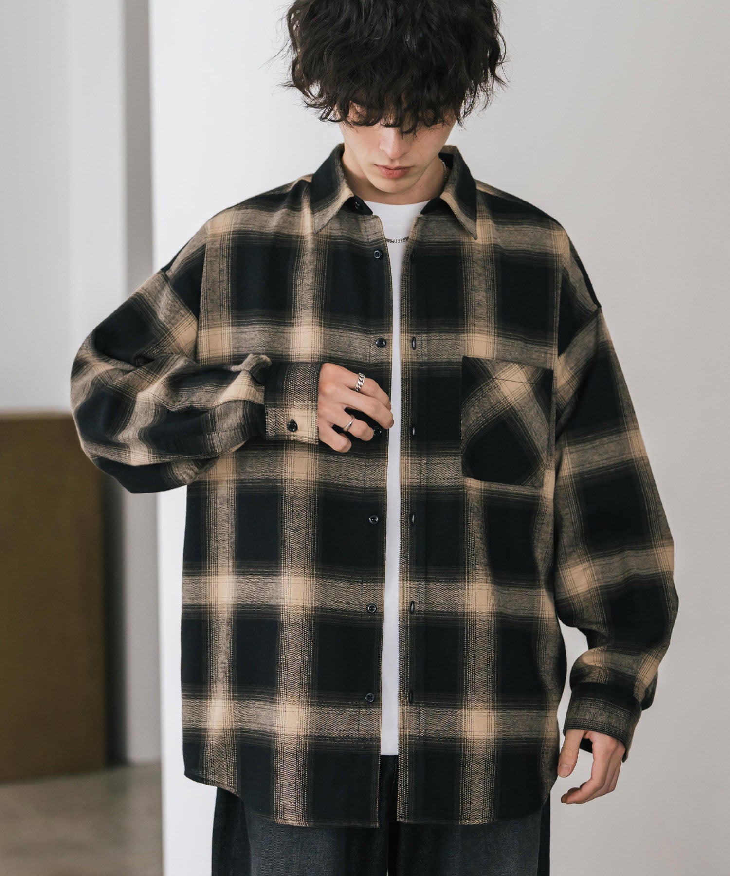 ロッキーモンロー Rocky Monroe チェックシャツ ネルシャツ 長袖 メンズ レディース レギュラーカラー 無地 オンブレ オーバーサイズ  ヴィンテージ アメカジ レトロ 新色追加 14534 （アイボリー） アイボリー