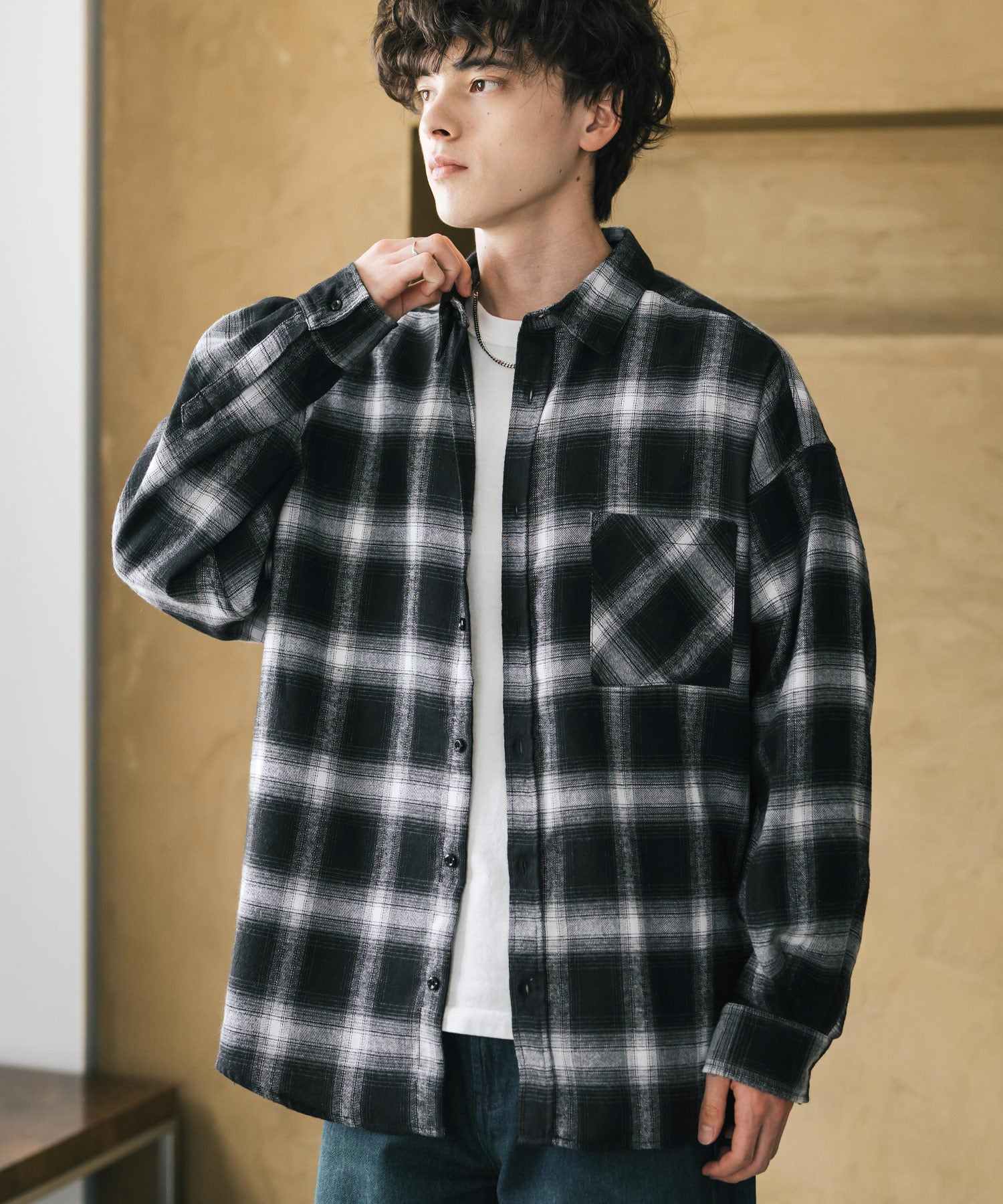 ロッキーモンロー Rocky Monroe チェックシャツ ネルシャツ 長袖 メンズ レディース レギュラーカラー 無地 オンブレ オーバーサイズ  ヴィンテージ アメカジ レトロ 新色追加 14534 （ブラックチェックA） ブラックチェックA