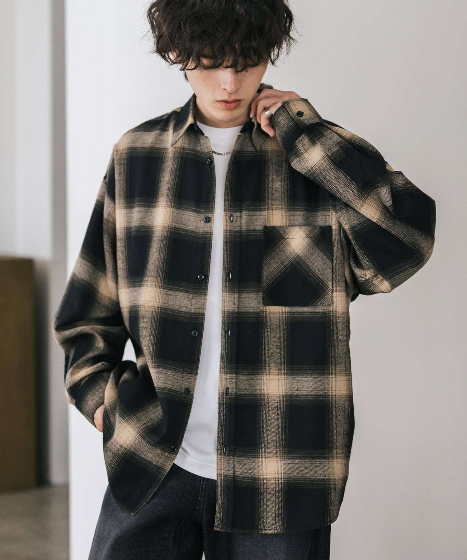 ロッキーモンロー Rocky Monroe チェックシャツ ネルシャツ 長袖 メンズ レディース レギュラーカラー 無地 オンブレ オーバーサイズ  ヴィンテージ アメカジ レトロ 新色追加 14534 （ブラックチェックC） ブラックチェックC