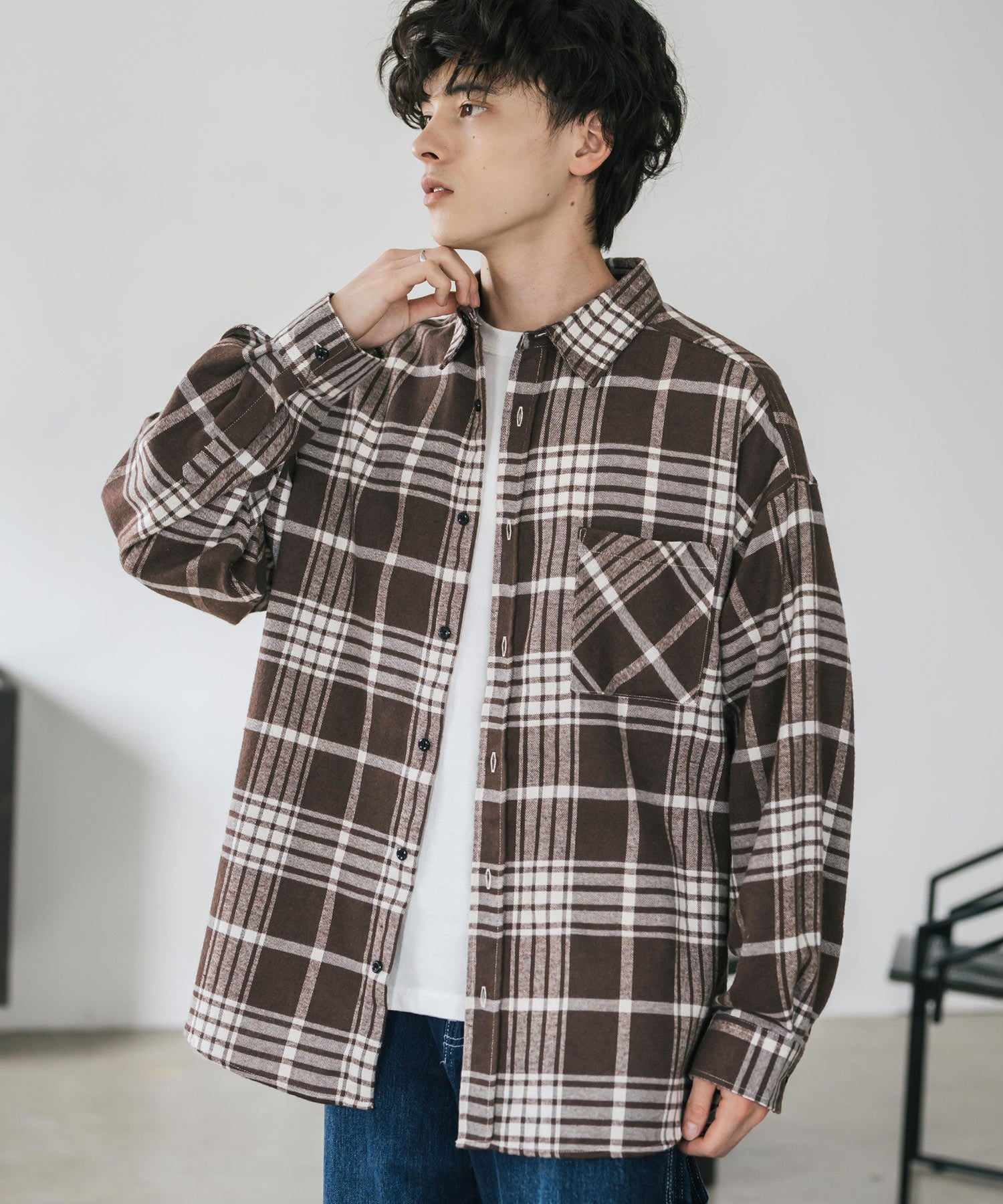 ロッキーモンロー Rocky Monroe チェックシャツ ネルシャツ 長袖 メンズ レディース レギュラーカラー 無地 オンブレ オーバーサイズ  ヴィンテージ アメカジ レトロ 新色追加 14534 （ベージュチェック） ベージュチェック