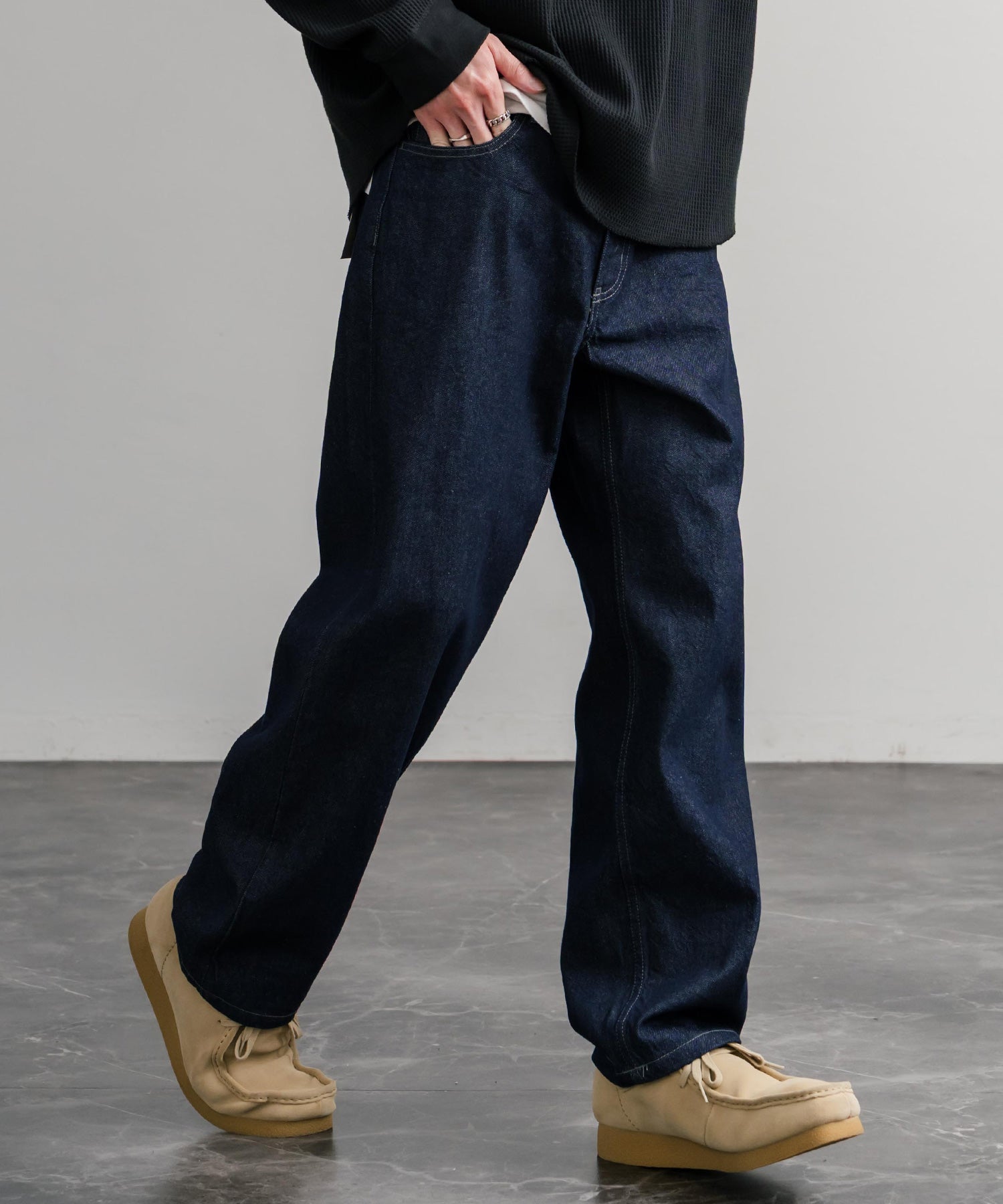 ロッキーモンロー Rocky Monroe ワイドパンツ デニム ジーンズ メンズ テーパード リラックス 5ポケット ヴィンテージ シンプル カジュアル ストリート ワーク 韓国 Hanes 15112 （71.ネイビー） 71.ネイビー