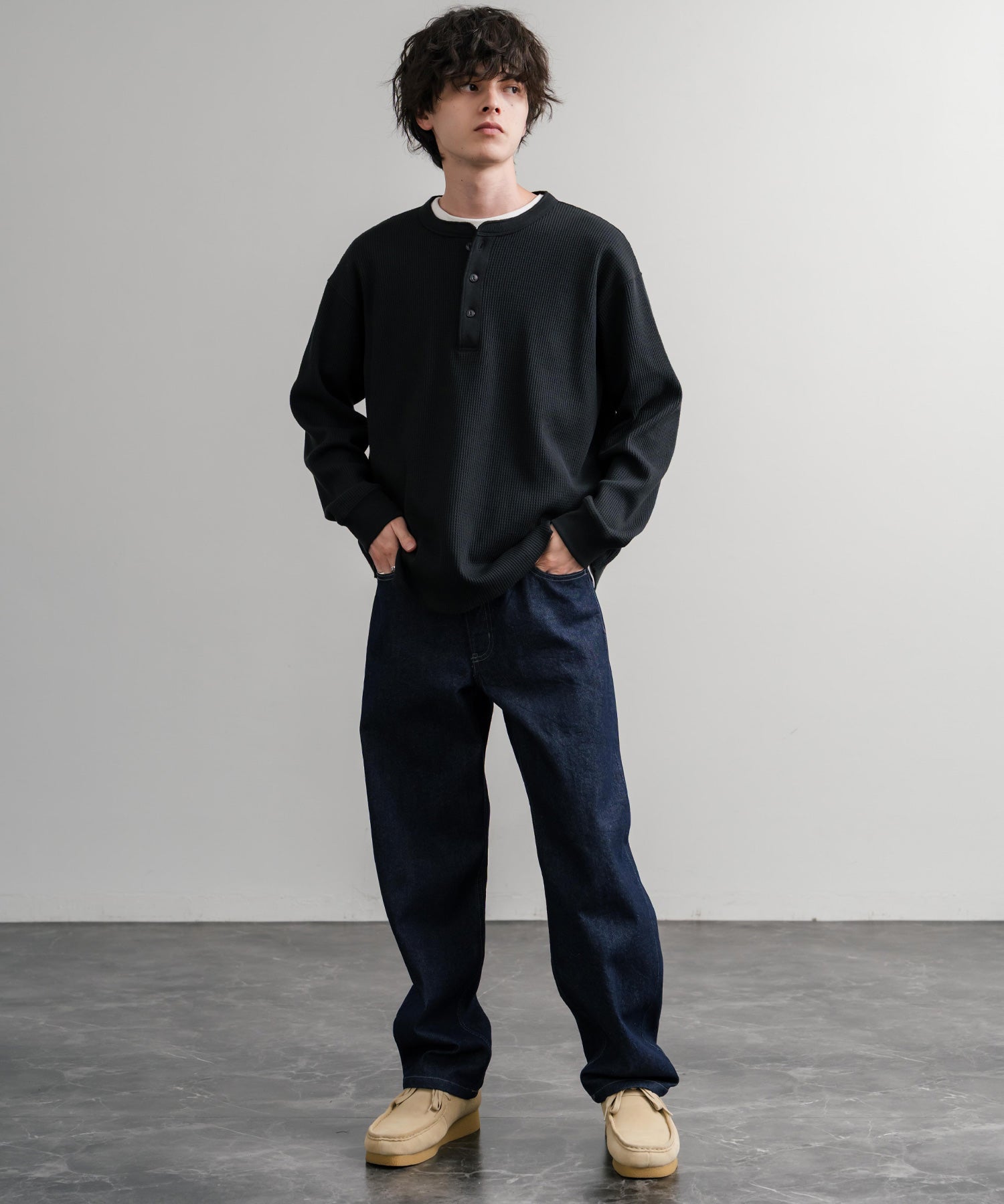 ロッキーモンロー Rocky Monroe ワイドパンツ デニム ジーンズ メンズ テーパード リラックス 5ポケット ヴィンテージ シンプル カジュアル ストリート ワーク 韓国 Hanes 15112 （71.ネイビー） 71.ネイビー