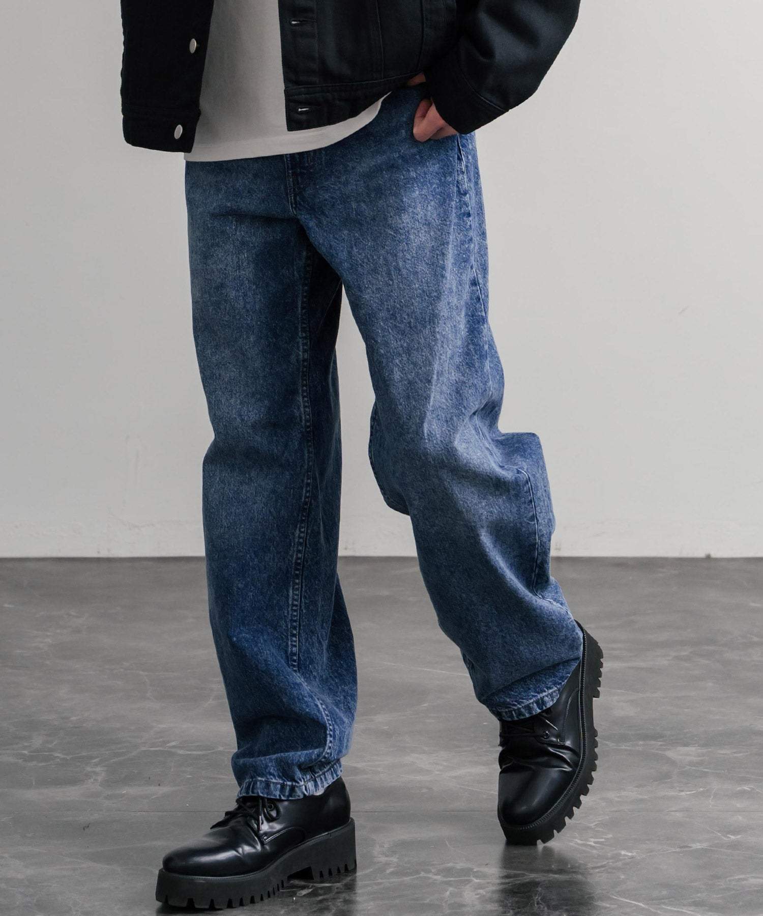 ロッキーモンロー Rocky Monroe ワイドパンツ デニム ジーンズ メンズ テーパード リラックス 5ポケット ヴィンテージ シンプル カジュアル ストリート ワーク 韓国 Hanes 15112 （71.ネイビー） 71.ネイビー