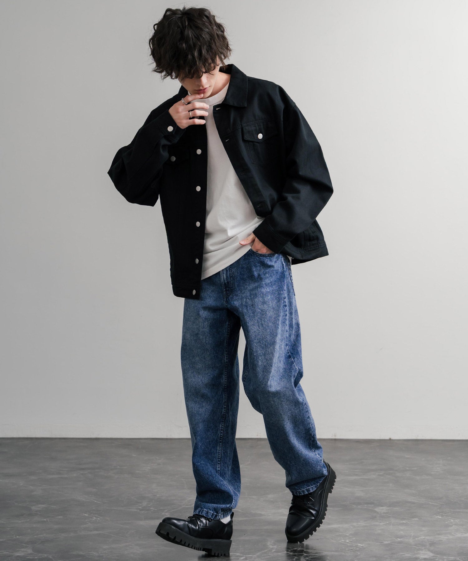 ロッキーモンロー Rocky Monroe ワイドパンツ デニム ジーンズ メンズ テーパード リラックス 5ポケット ヴィンテージ シンプル カジュアル ストリート ワーク 韓国 Hanes 15112 （71.ネイビー） 71.ネイビー