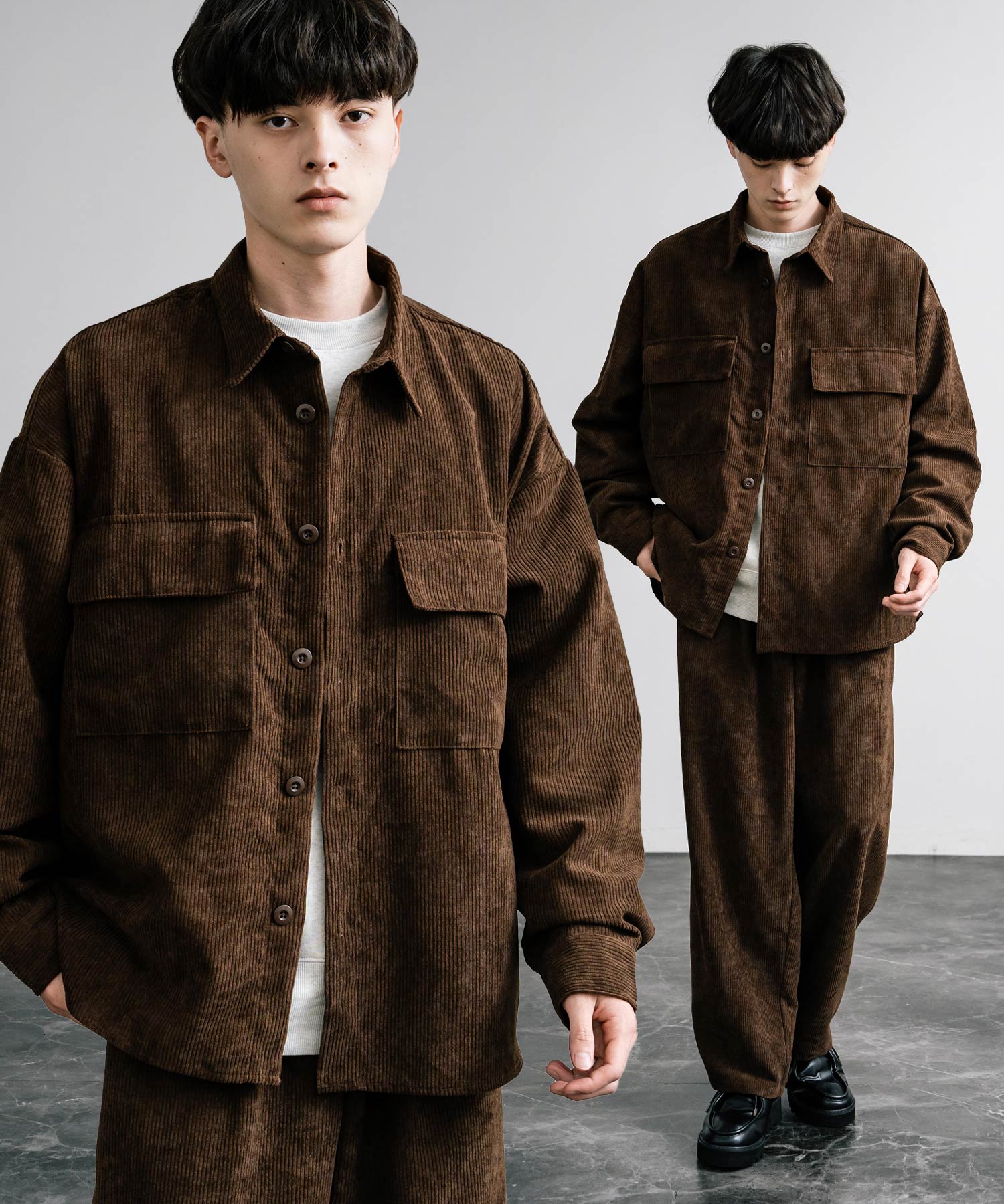 ロッキーモンロー Rocky Monroe セットアップ コーデュロイ メンズ CPOシャツジャケット カバーオール ワイドパンツ イージー テーパード ライトアウター オーバーサイズ 15247 （ブラウン） ブラウン