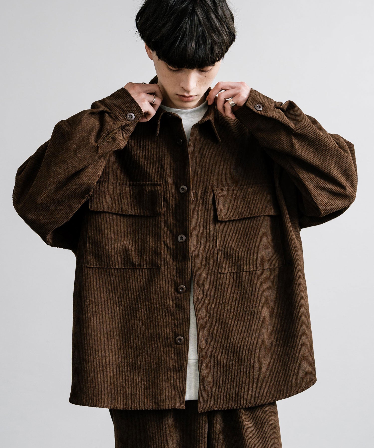 ロッキーモンロー Rocky Monroe セットアップ コーデュロイ メンズ CPOシャツジャケット カバーオール ワイドパンツ イージー テーパード ライトアウター オーバーサイズ 15247 （ブラウン） ブラウン