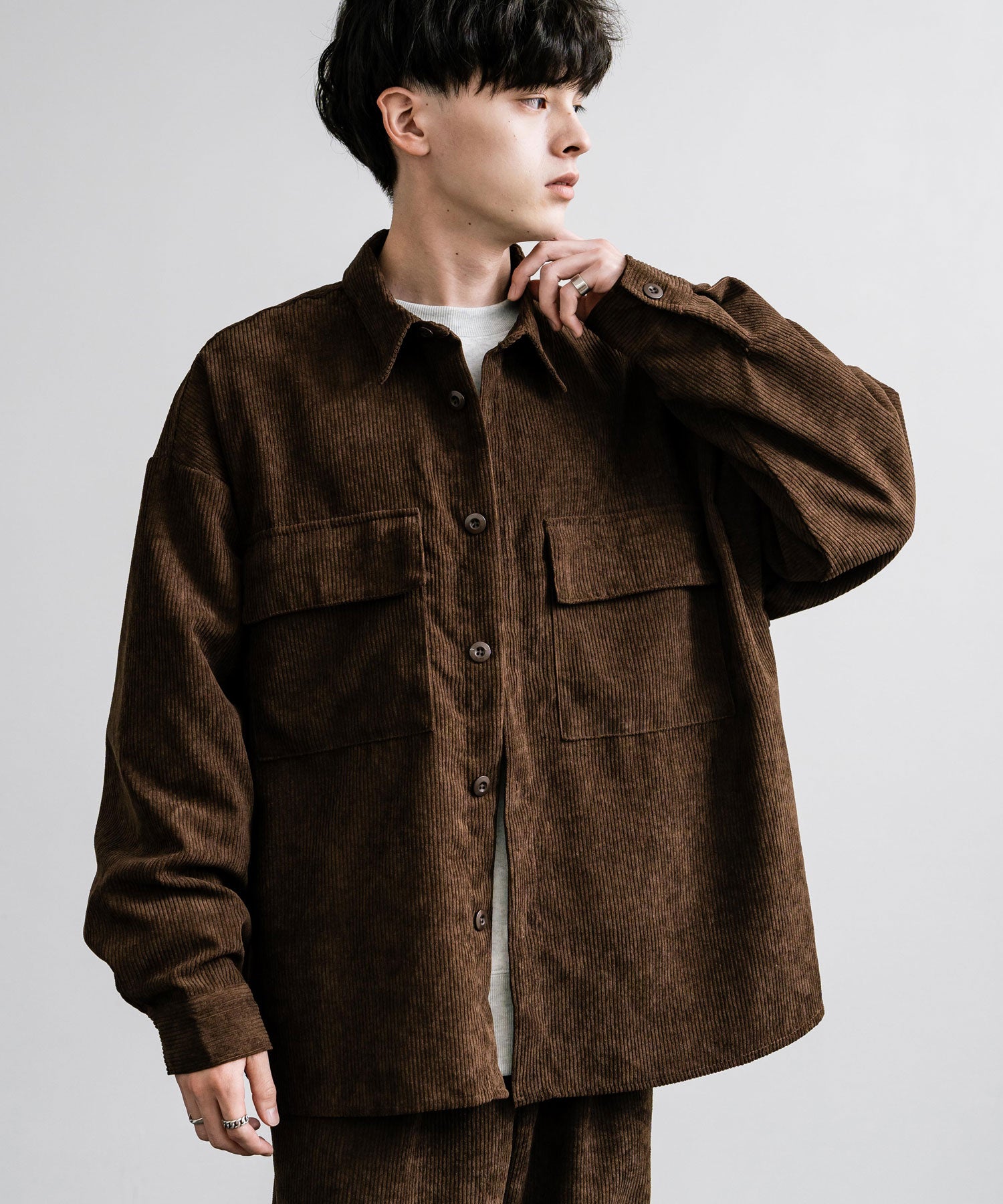 ロッキーモンロー Rocky Monroe セットアップ コーデュロイ メンズ CPOシャツジャケット カバーオール ワイドパンツ イージー テーパード ライトアウター オーバーサイズ 15247 （ブラウン） ブラウン