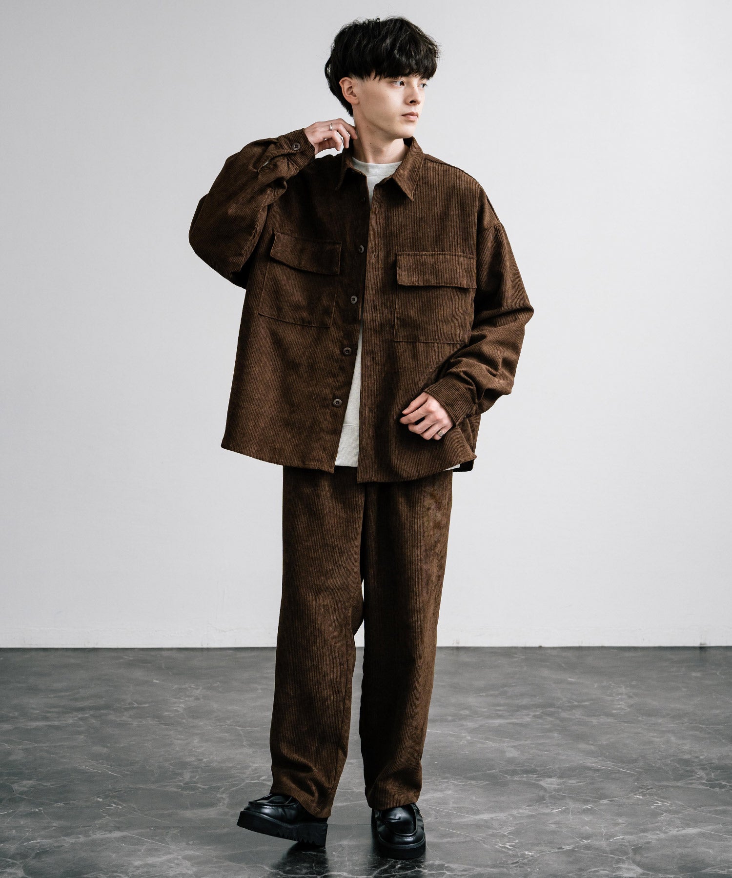 ロッキーモンロー Rocky Monroe セットアップ コーデュロイ メンズ CPOシャツジャケット カバーオール ワイドパンツ イージー テーパード ライトアウター オーバーサイズ 15247 （ブラウン） ブラウン