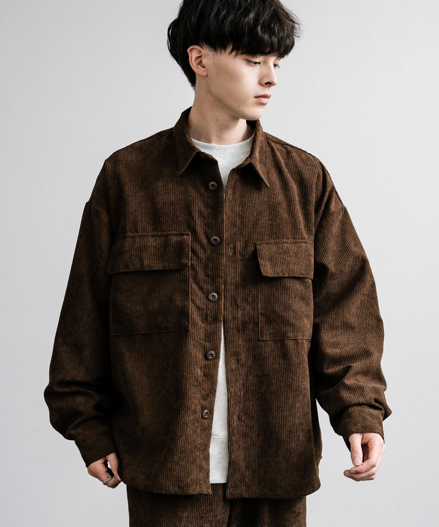 ロッキーモンロー Rocky Monroe セットアップ コーデュロイ メンズ CPOシャツジャケット カバーオール ワイドパンツ イージー テーパード ライトアウター オーバーサイズ 15247 （ブラウン） ブラウン