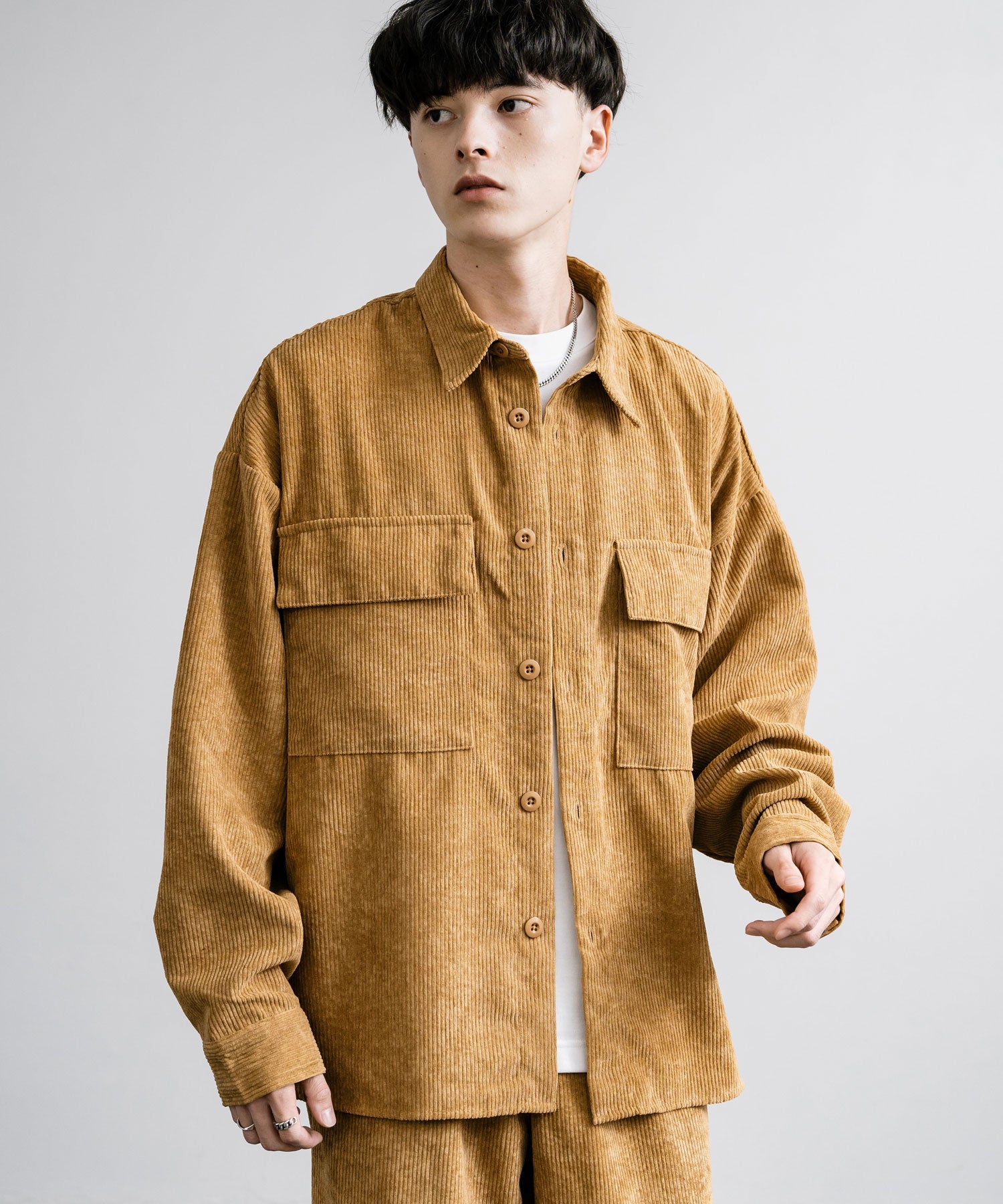 ロッキーモンロー Rocky Monroe セットアップ コーデュロイ メンズ CPOシャツジャケット カバーオール ワイドパンツ イージー テーパード ライトアウター オーバーサイズ 15247 （ブラウン） ブラウン