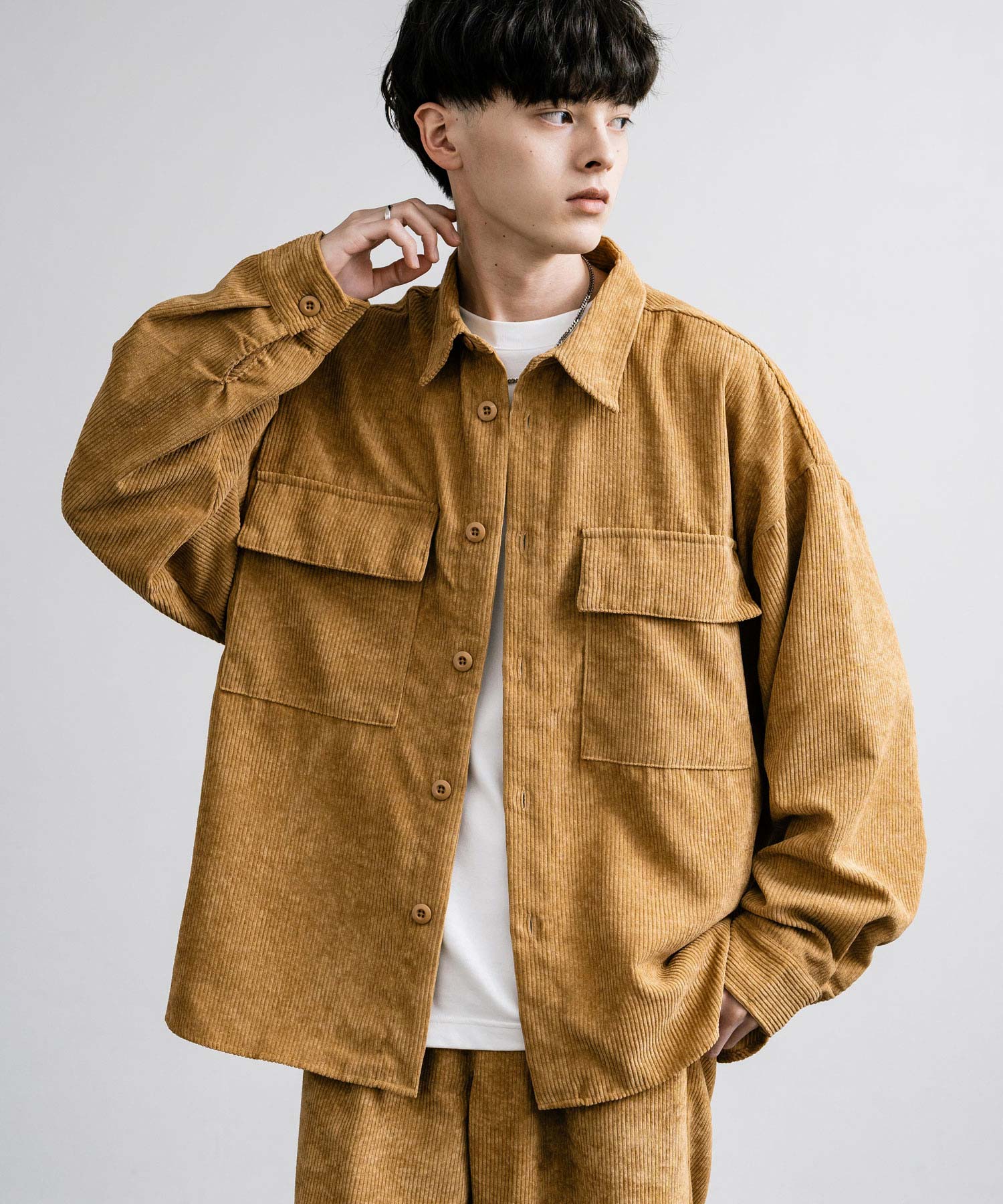 ロッキーモンロー Rocky Monroe セットアップ コーデュロイ メンズ CPOシャツジャケット カバーオール ワイドパンツ イージー テーパード ライトアウター オーバーサイズ 15247 （ブラウン） ブラウン