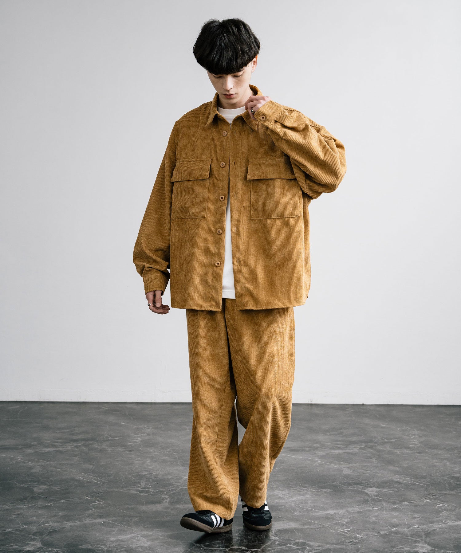 ロッキーモンロー Rocky Monroe セットアップ コーデュロイ メンズ CPOシャツジャケット カバーオール ワイドパンツ イージー テーパード ライトアウター オーバーサイズ 15247 （ブラウン） ブラウン