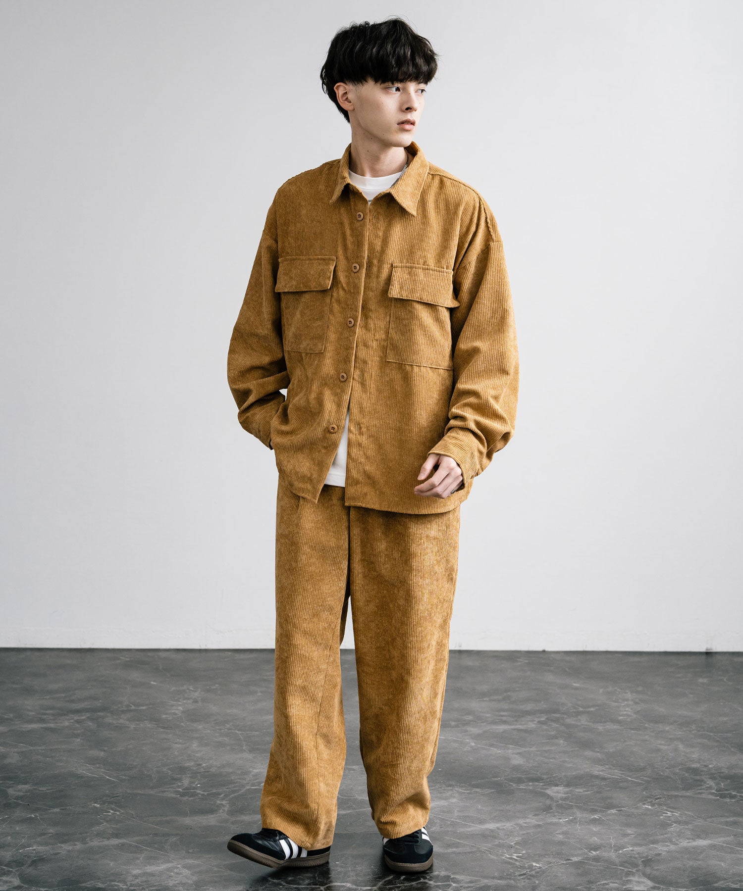 ロッキーモンロー Rocky Monroe セットアップ コーデュロイ メンズ CPOシャツジャケット カバーオール ワイドパンツ イージー テーパード ライトアウター オーバーサイズ 15247 （ブラウン） ブラウン