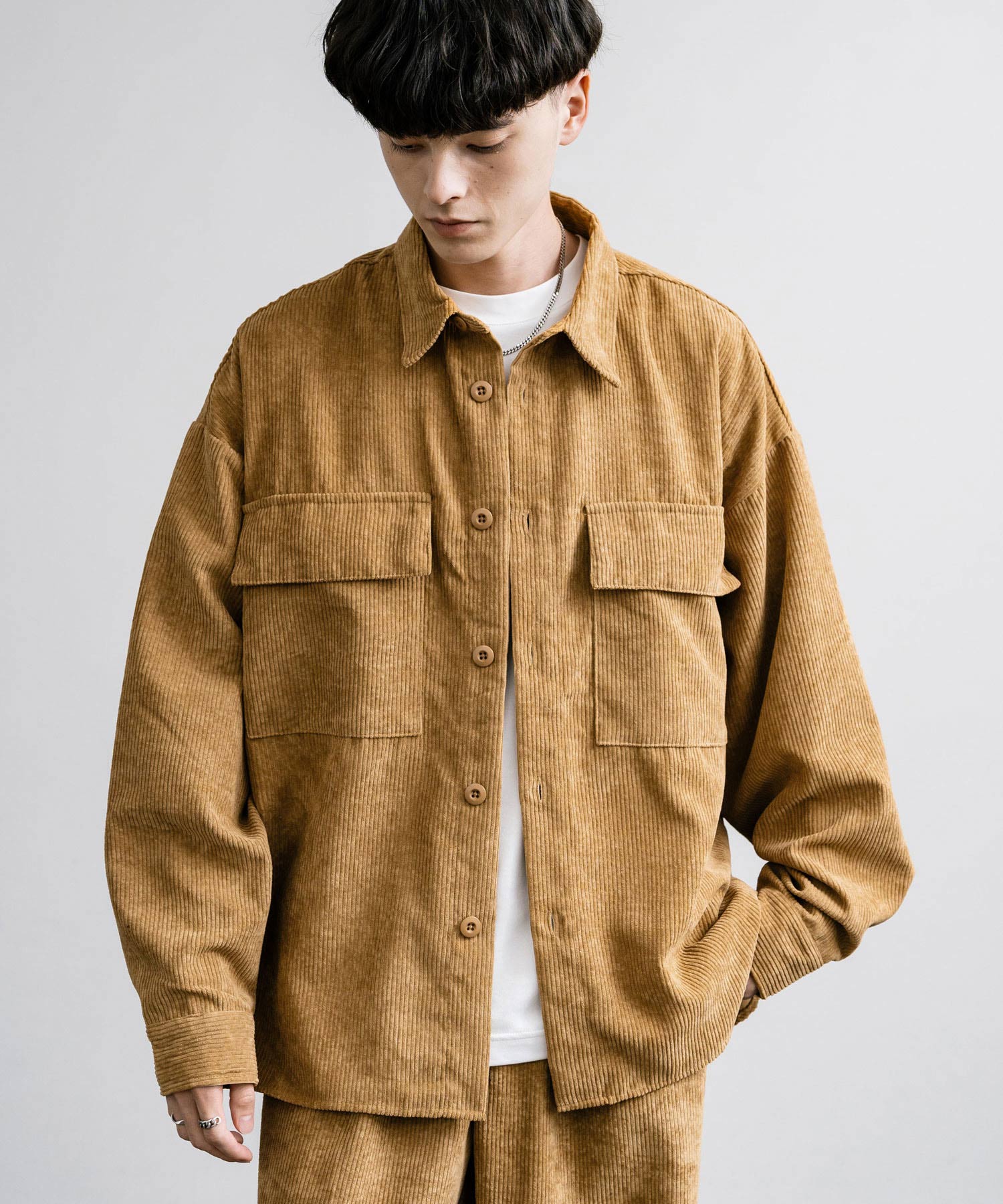 ロッキーモンロー Rocky Monroe セットアップ コーデュロイ メンズ CPOシャツジャケット カバーオール ワイドパンツ イージー テーパード ライトアウター オーバーサイズ 15247 （ブラウン） ブラウン