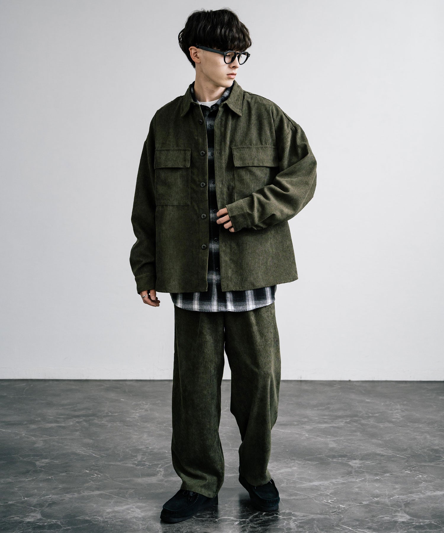 ロッキーモンロー Rocky Monroe セットアップ コーデュロイ メンズ CPOシャツジャケット カバーオール ワイドパンツ イージー テーパード ライトアウター オーバーサイズ 15247 （ブラウン） ブラウン