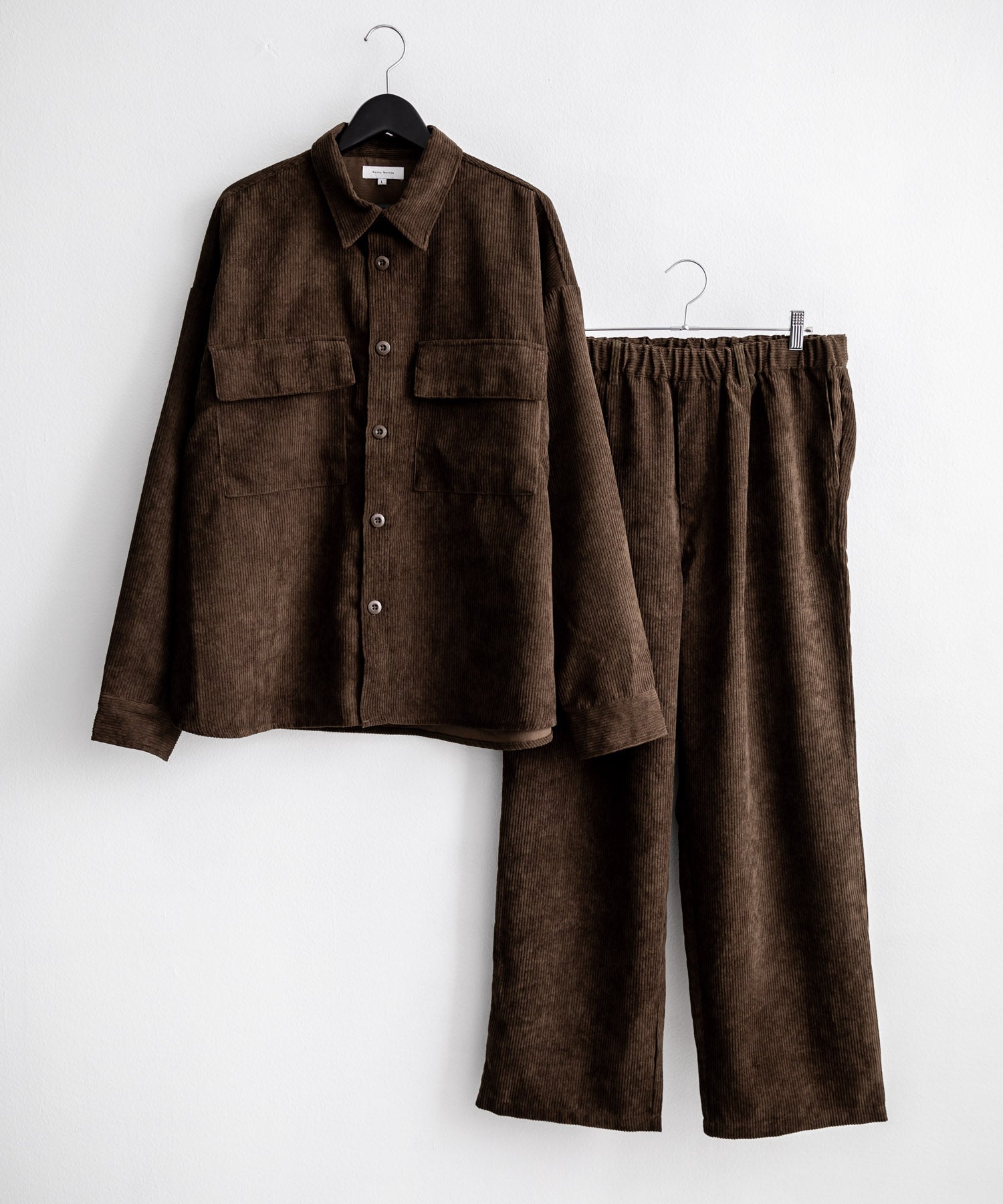 ロッキーモンロー Rocky Monroe セットアップ コーデュロイ メンズ CPOシャツジャケット カバーオール ワイドパンツ イージー テーパード ライトアウター オーバーサイズ 15247 （ブラウン） ブラウン