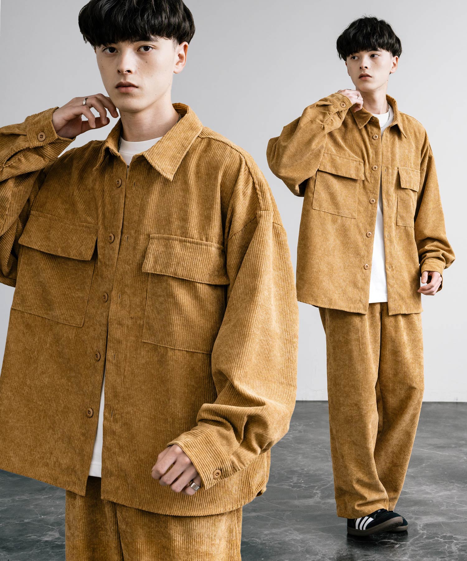 ロッキーモンロー Rocky Monroe セットアップ コーデュロイ メンズ CPOシャツジャケット カバーオール ワイドパンツ イージー テーパード ライトアウター オーバーサイズ 15247 （ベージュ） ベージュ