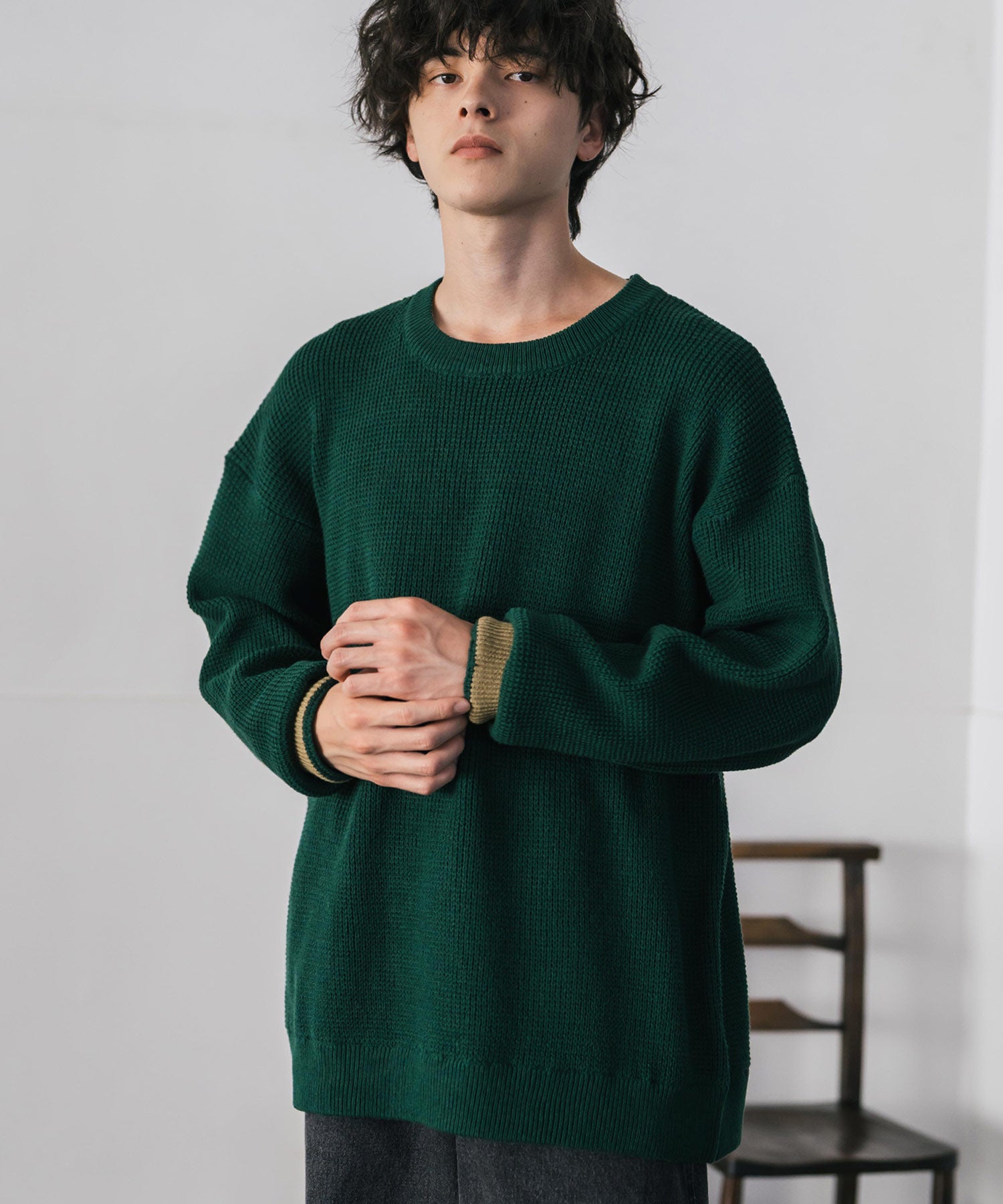 ロッキーモンロー Rocky Monroe ワッフルニット セーター 無地 メンズ レディース 長袖 配色 綿混 オーバーサイズ ビッグシルエット リラックス カジュアル きれいめ 洗える 14546 （グリーン） グリーン