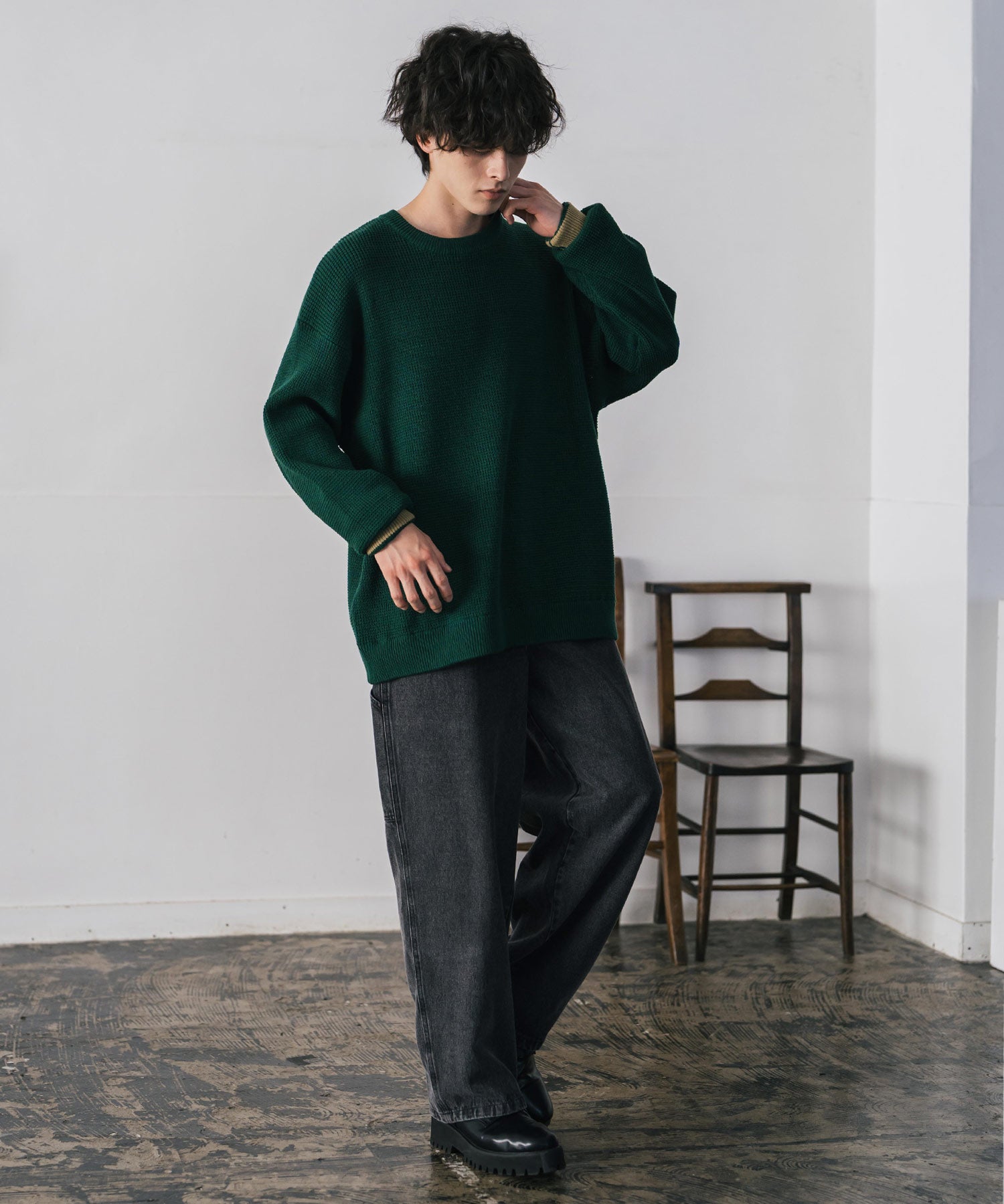 ロッキーモンロー Rocky Monroe ワッフルニット セーター 無地 メンズ レディース 長袖 配色 綿混 オーバーサイズ ビッグシルエット リラックス カジュアル きれいめ 洗える 14546 （グリーン） グリーン