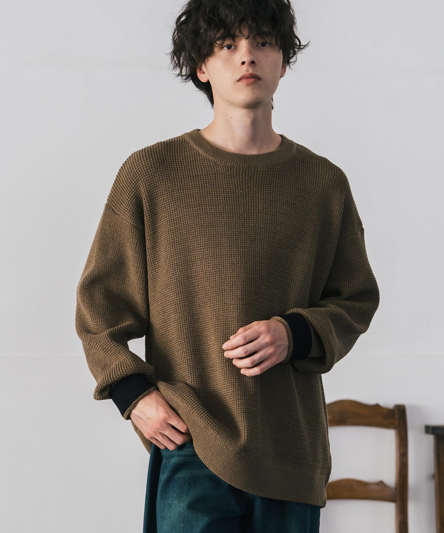 ロッキーモンロー Rocky Monroe ワッフルニット セーター 無地 メンズ レディース 長袖 配色 綿混 オーバーサイズ ビッグシルエット リラックス カジュアル きれいめ 洗える 14546 （グリーン） グリーン