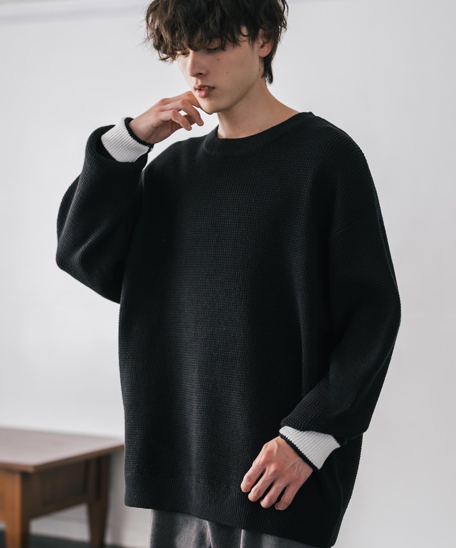 ロッキーモンロー Rocky Monroe ワッフルニット セーター 無地 メンズ レディース 長袖 配色 綿混 オーバーサイズ ビッグシルエット リラックス カジュアル きれいめ 洗える 14546 （グリーン） グリーン