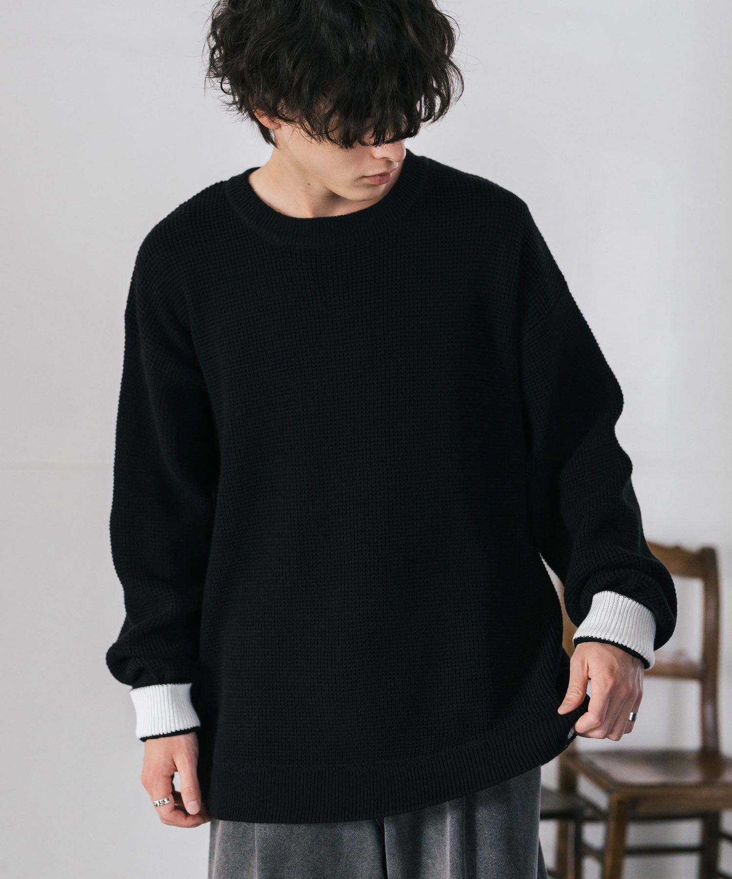 ロッキーモンロー Rocky Monroe ワッフルニット セーター 無地 メンズ レディース 長袖 配色 綿混 オーバーサイズ ビッグシルエット リラックス カジュアル きれいめ 洗える 14546 （グリーン） グリーン