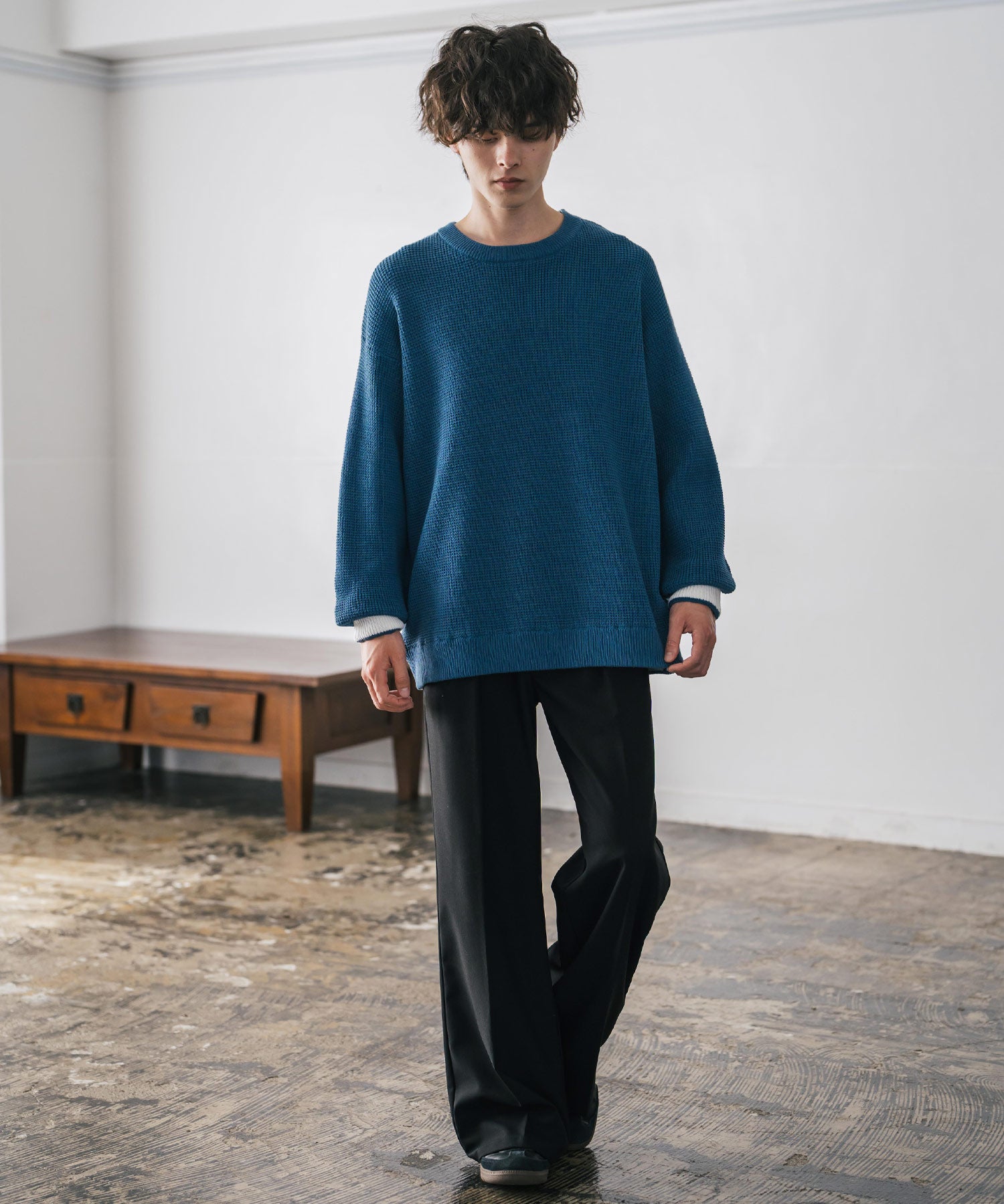 ロッキーモンロー Rocky Monroe ワッフルニット セーター 無地 メンズ レディース 長袖 配色 綿混 オーバーサイズ ビッグシルエット リラックス カジュアル きれいめ 洗える 14546 （グリーン） グリーン