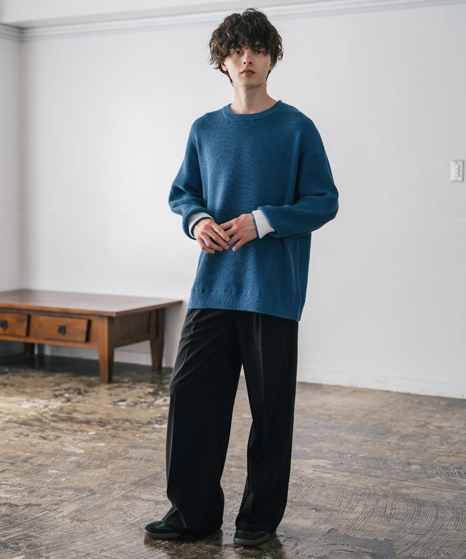 ロッキーモンロー Rocky Monroe ワッフルニット セーター 無地 メンズ レディース 長袖 配色 綿混 オーバーサイズ ビッグシルエット リラックス カジュアル きれいめ 洗える 14546 （グリーン） グリーン