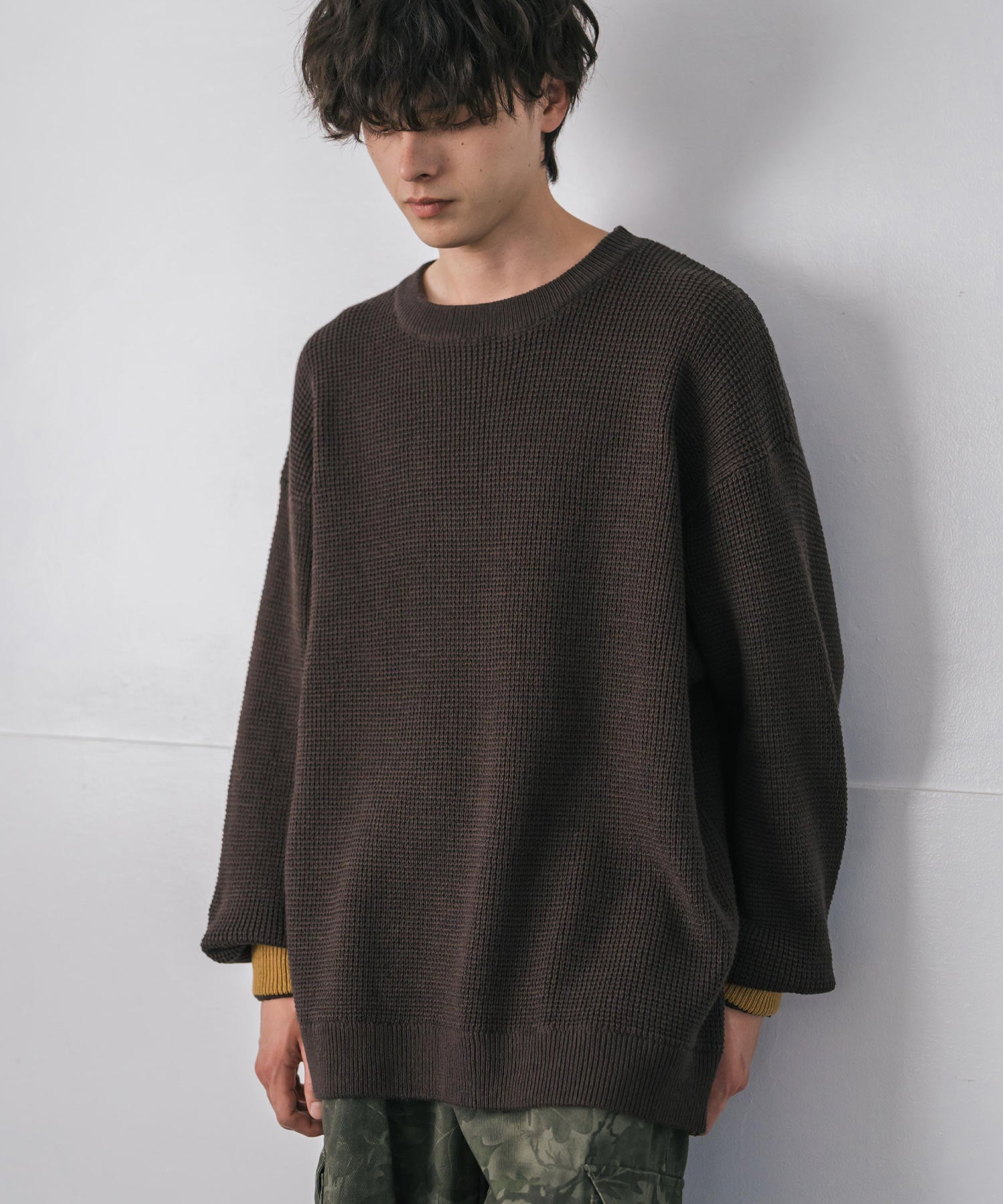 ロッキーモンロー Rocky Monroe ワッフルニット セーター 無地 メンズ レディース 長袖 配色 綿混 オーバーサイズ ビッグシルエット リラックス カジュアル きれいめ 洗える 14546 （グリーン） グリーン