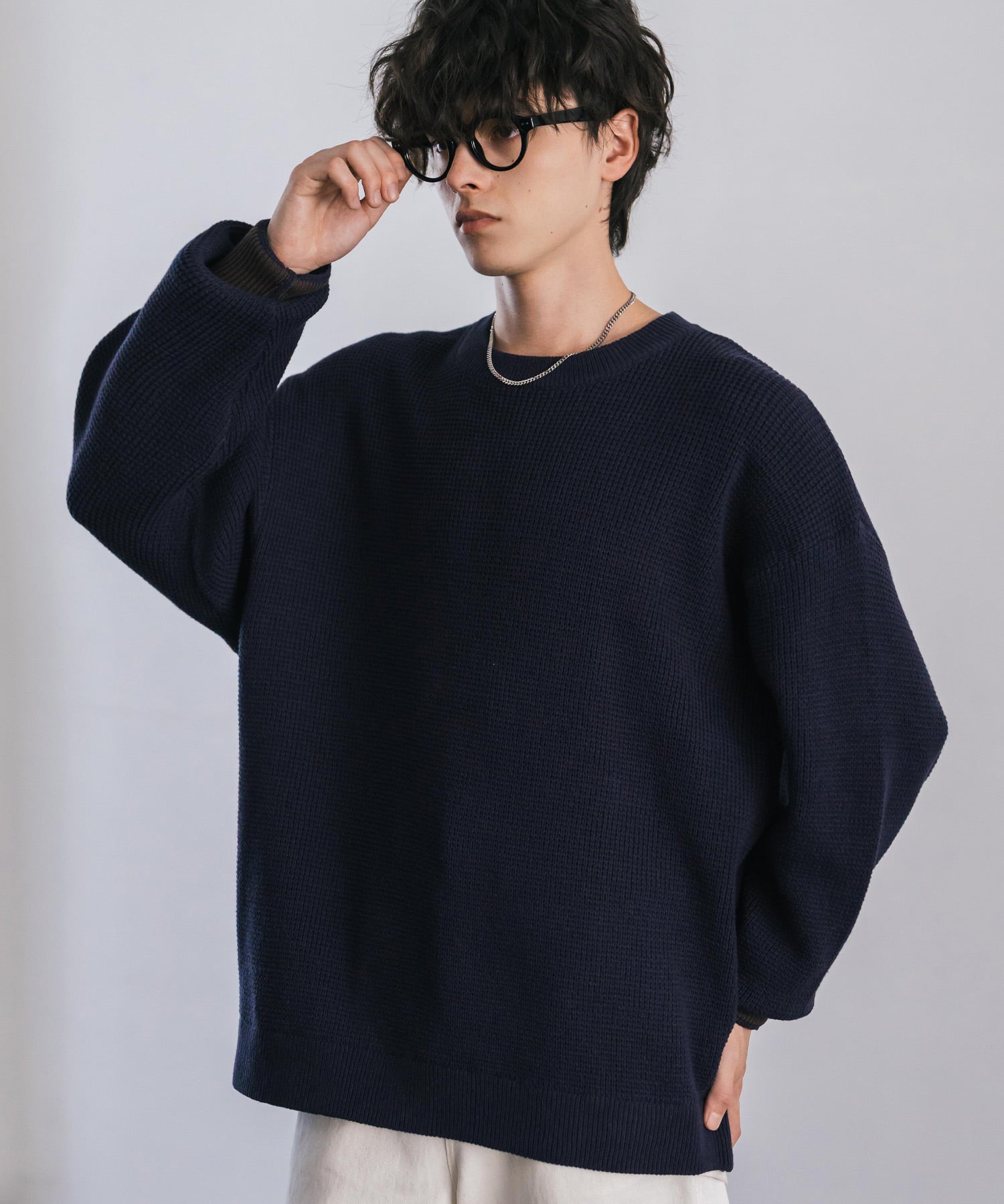 ロッキーモンロー Rocky Monroe ワッフルニット セーター 無地 メンズ レディース 長袖 配色 綿混 オーバーサイズ ビッグシルエット リラックス カジュアル きれいめ 洗える 14546 （ネイビー） ネイビー