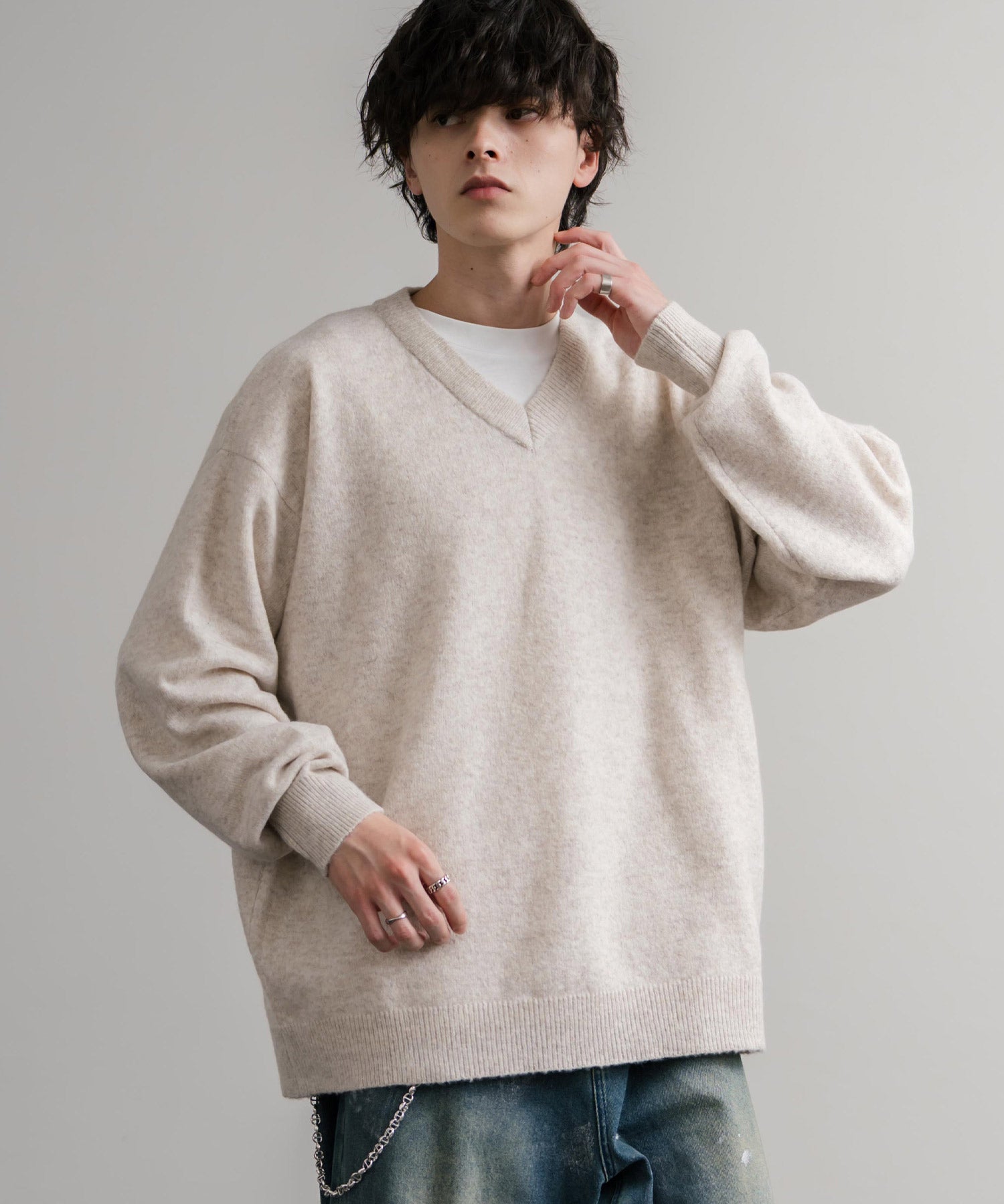 ロッキーモンロー Rocky Monroe ニット セーター 無地 メンズ レディース Vネック 長袖 天竺編み ウール混 メランジ オーバーサイズ リラックス プルオーバー 暖かい 秋冬 14715 （オフ） オフ