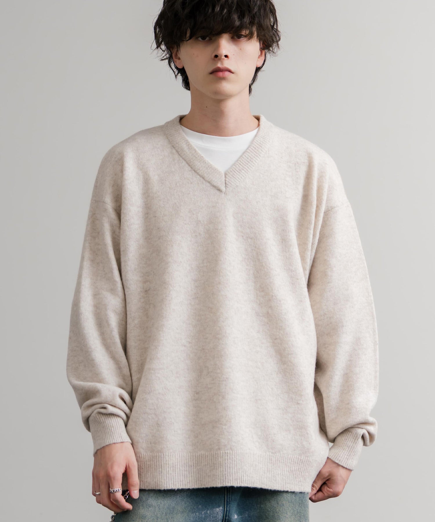ロッキーモンロー Rocky Monroe ニット セーター 無地 メンズ レディース Vネック 長袖 天竺編み ウール混 メランジ オーバーサイズ リラックス プルオーバー 暖かい 秋冬 14715 （オフ） オフ