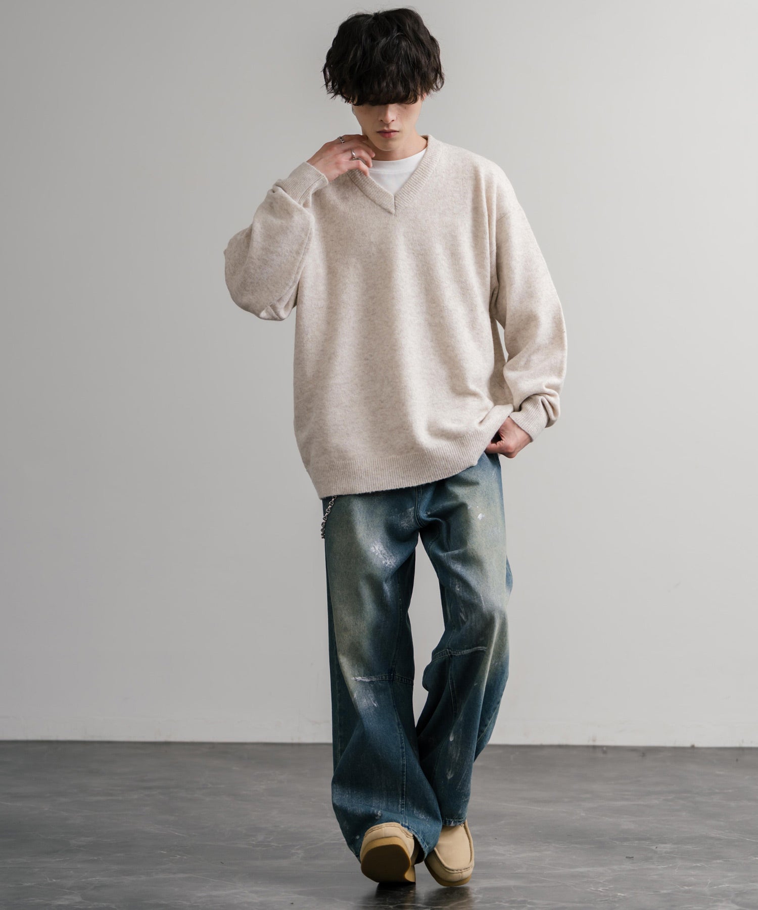ロッキーモンロー Rocky Monroe ニット セーター 無地 メンズ レディース Vネック 長袖 天竺編み ウール混 メランジ オーバーサイズ リラックス プルオーバー 暖かい 秋冬 14715 （オフ） オフ