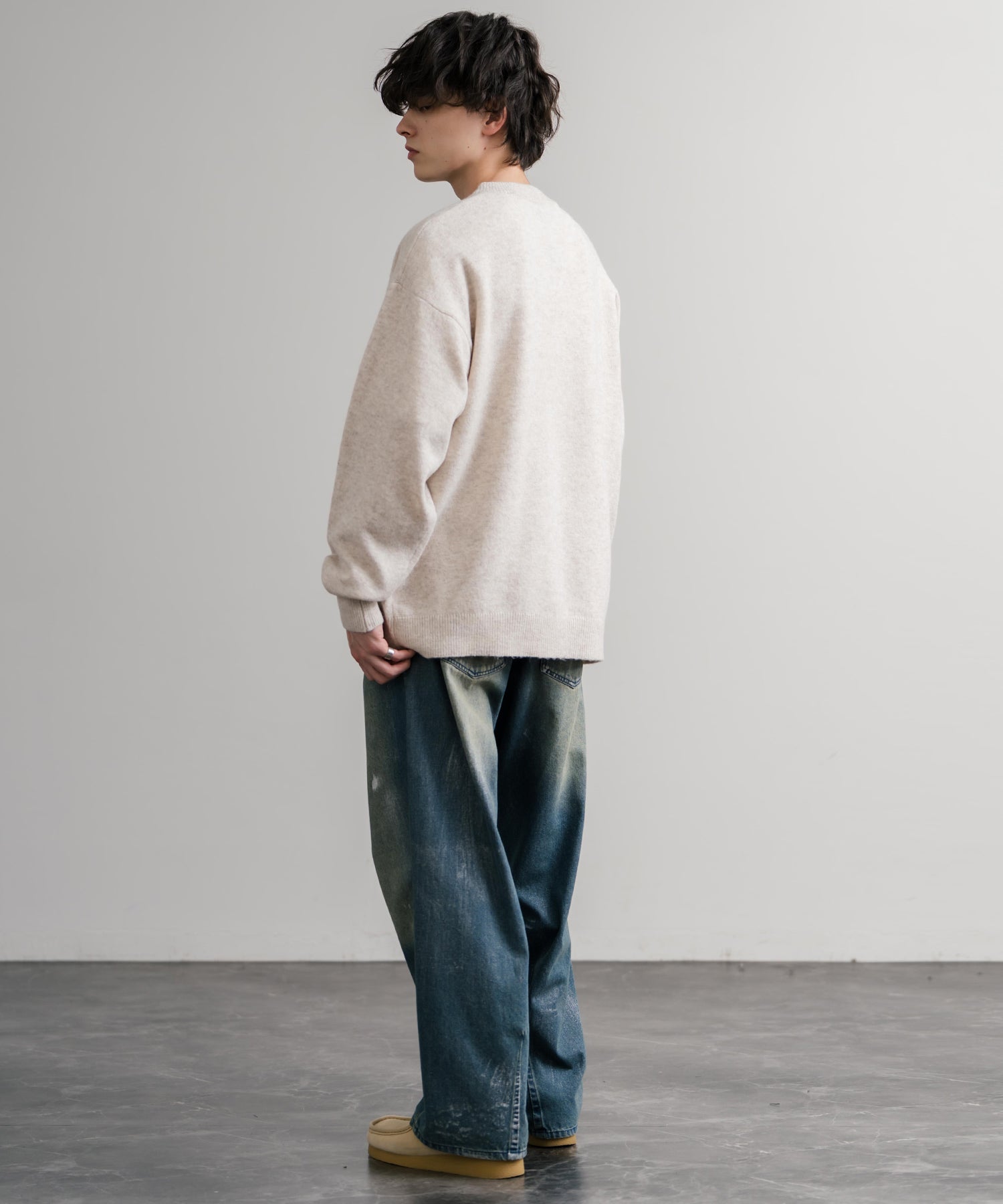 ロッキーモンロー Rocky Monroe ニット セーター 無地 メンズ レディース Vネック 長袖 天竺編み ウール混 メランジ オーバーサイズ リラックス プルオーバー 暖かい 秋冬 14715 （オフ） オフ
