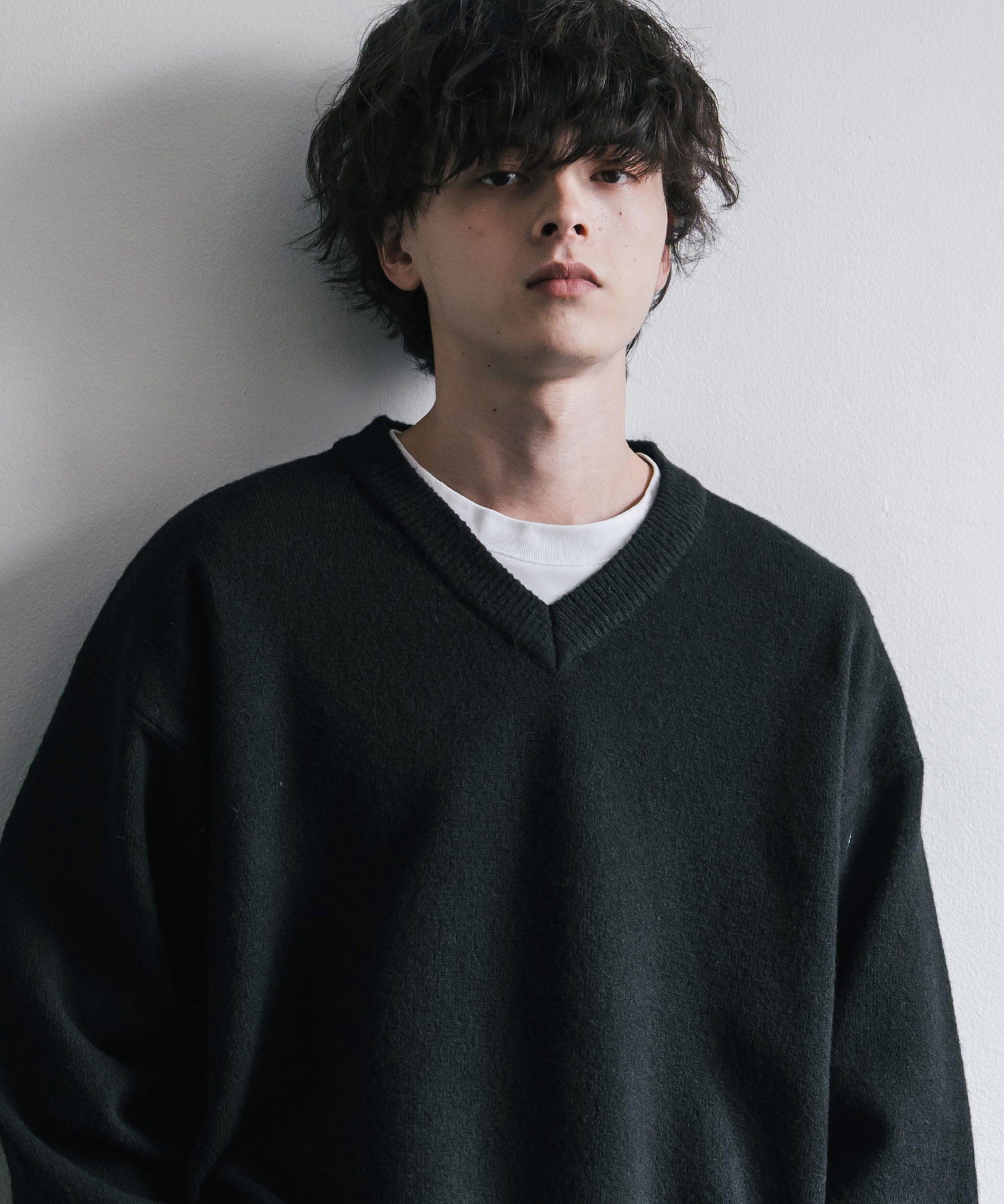 ロッキーモンロー Rocky Monroe ニット セーター 無地 メンズ レディース Vネック 長袖 天竺編み ウール混 メランジ オーバーサイズ リラックス プルオーバー 暖かい 秋冬 14715 （オフ） オフ
