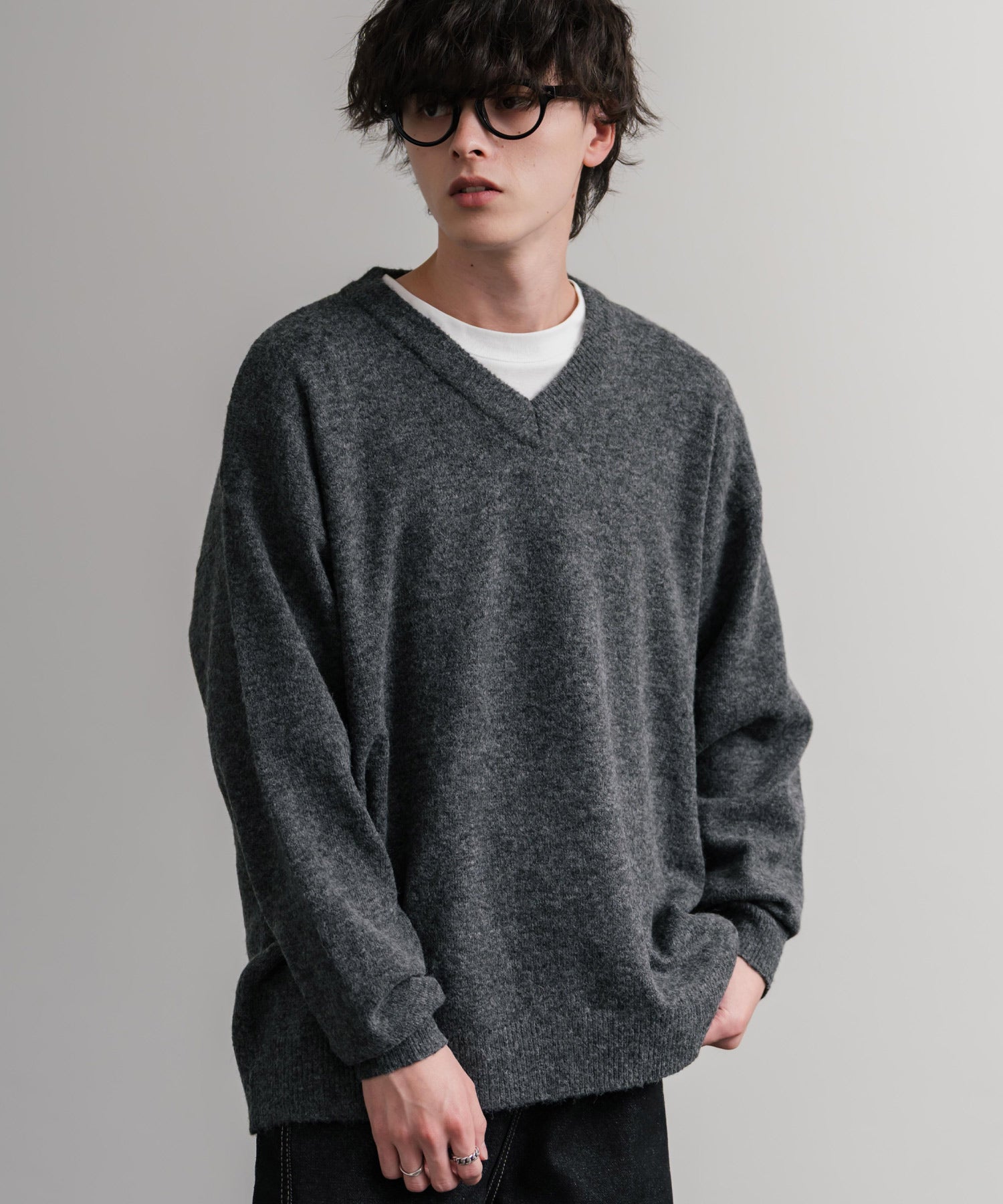 ロッキーモンロー Rocky Monroe ニット セーター 無地 メンズ レディース Vネック 長袖 天竺編み ウール混 メランジ オーバーサイズ リラックス プルオーバー 暖かい 秋冬 14715 （オフ） オフ