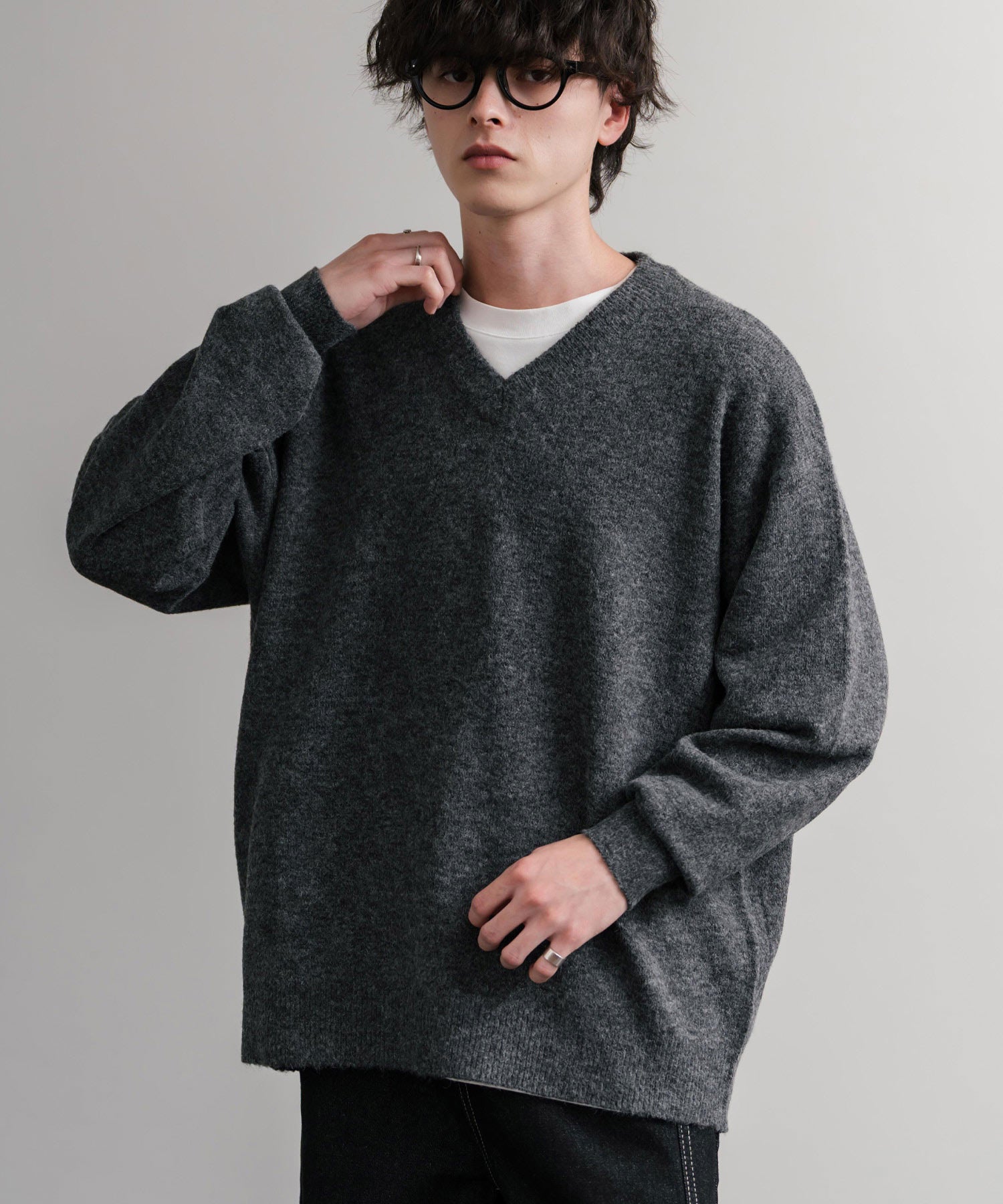 ロッキーモンロー Rocky Monroe ニット セーター 無地 メンズ レディース Vネック 長袖 天竺編み ウール混 メランジ オーバーサイズ リラックス プルオーバー 暖かい 秋冬 14715 （オフ） オフ