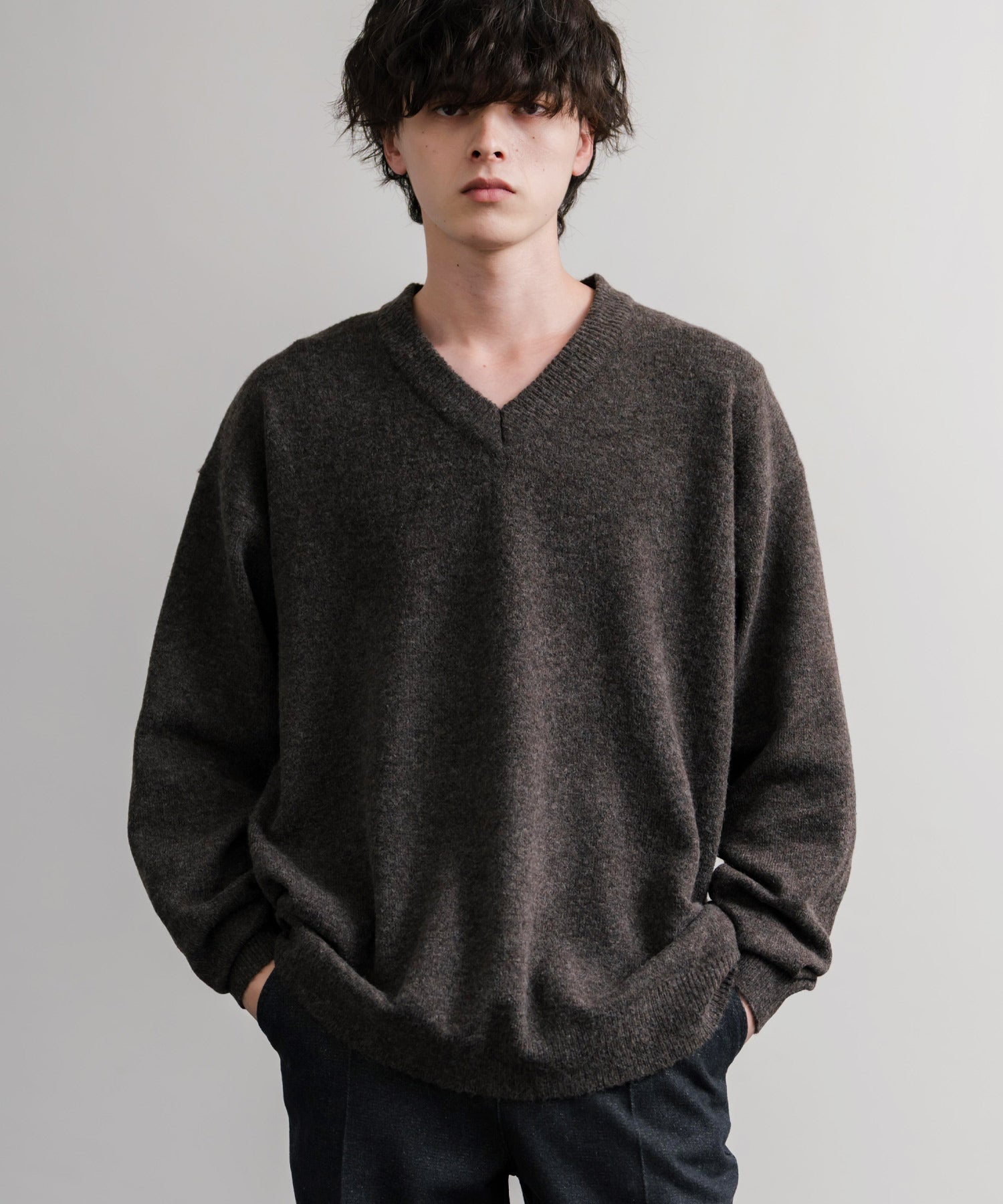 ロッキーモンロー Rocky Monroe ニット セーター 無地 メンズ レディース Vネック 長袖 天竺編み ウール混 メランジ オーバーサイズ リラックス プルオーバー 暖かい 秋冬 14715 （オフ） オフ