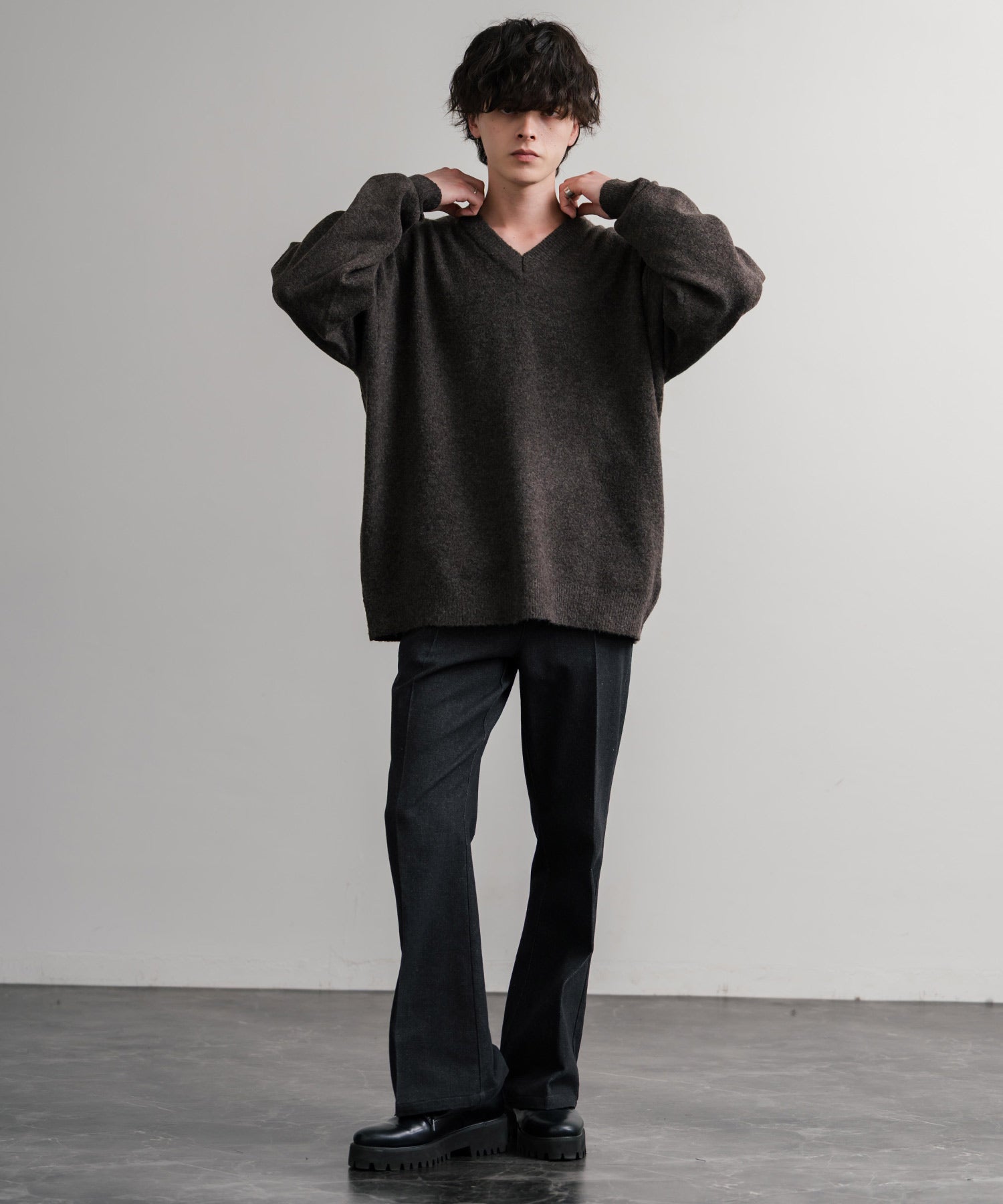 ロッキーモンロー Rocky Monroe ニット セーター 無地 メンズ レディース Vネック 長袖 天竺編み ウール混 メランジ オーバーサイズ リラックス プルオーバー 暖かい 秋冬 14715 （オフ） オフ