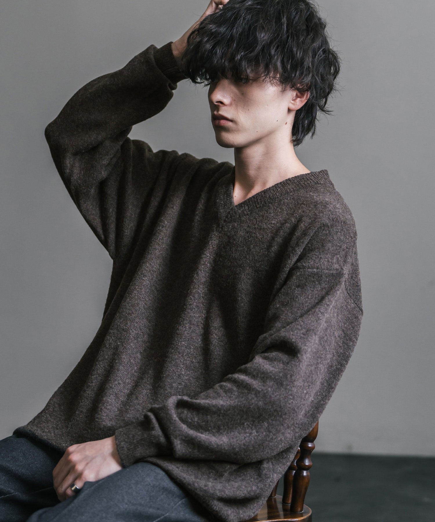 ロッキーモンロー Rocky Monroe ニット セーター 無地 メンズ レディース Vネック 長袖 天竺編み ウール混 メランジ オーバーサイズ リラックス プルオーバー 暖かい 秋冬 14715 （オフ） オフ