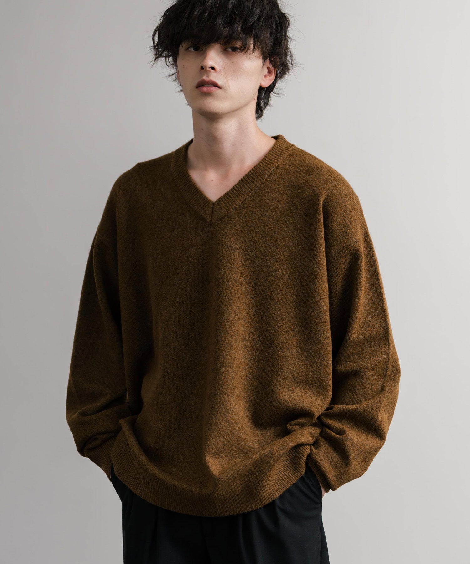 ロッキーモンロー Rocky Monroe ニット セーター 無地 メンズ レディース Vネック 長袖 天竺編み ウール混 メランジ オーバーサイズ リラックス プルオーバー 暖かい 秋冬 14715 （オフ） オフ